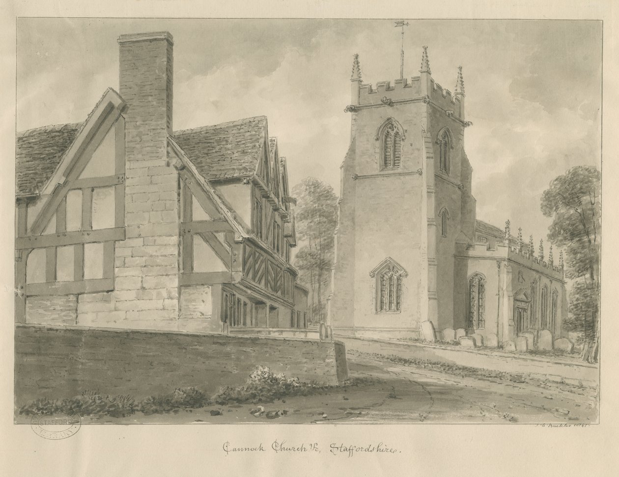Igreja Cannock: desenho sépia, 1841 de John Chessell Buckler
