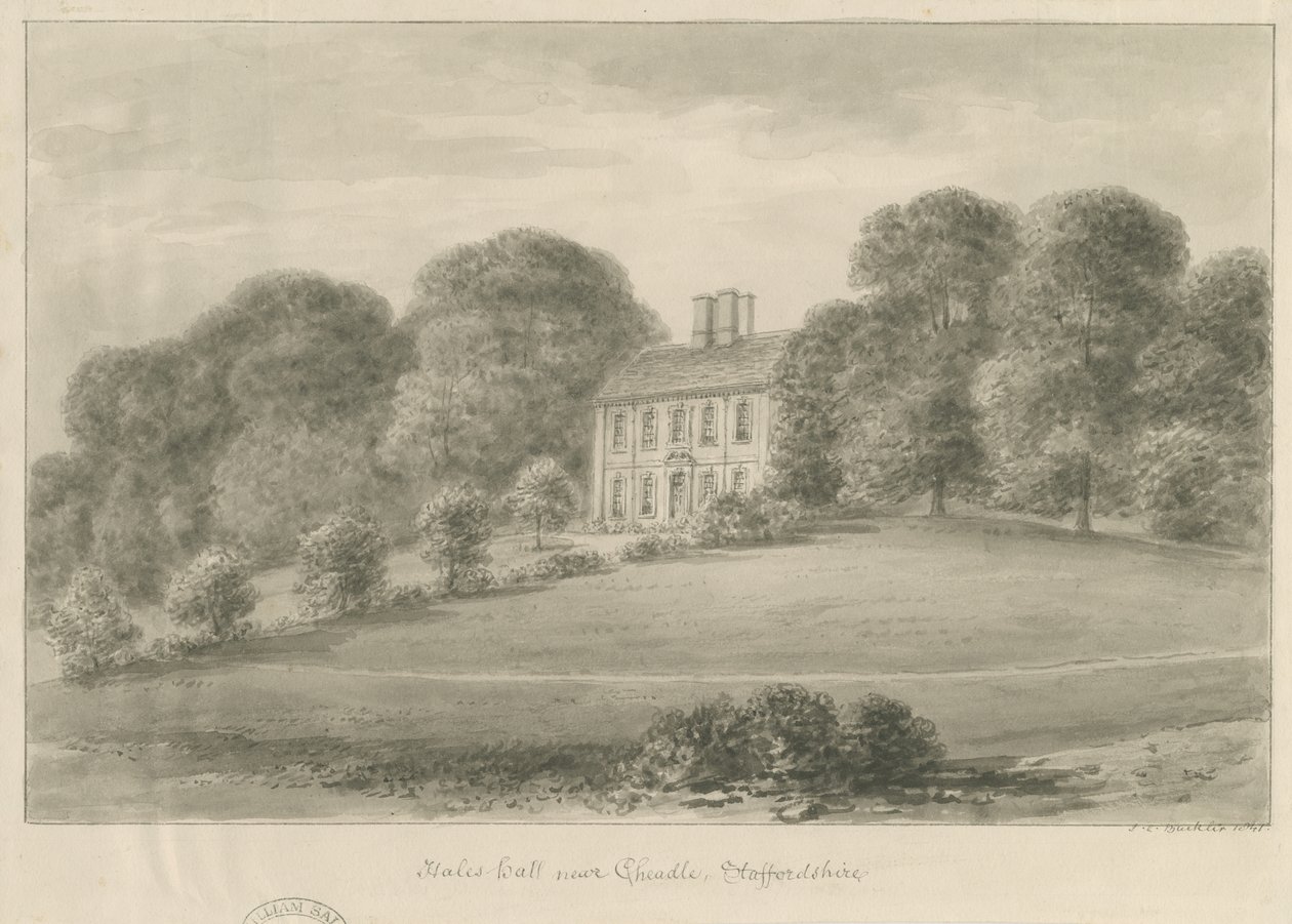 Cheadle - Hales Hall: desenho em sépia, 1841 de John Chessell Buckler