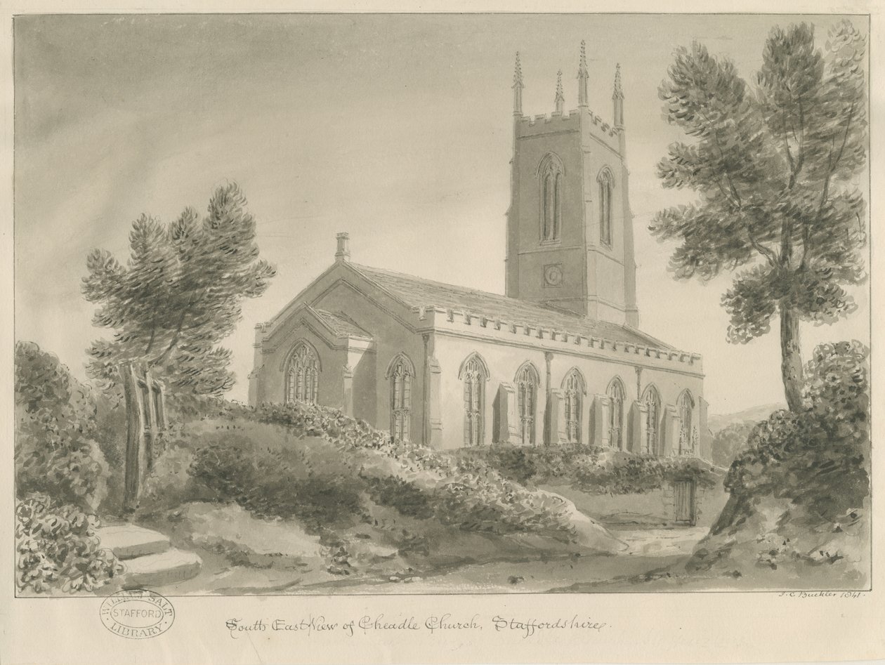 Igreja Cheadle: desenho sépia de John Chessell Buckler