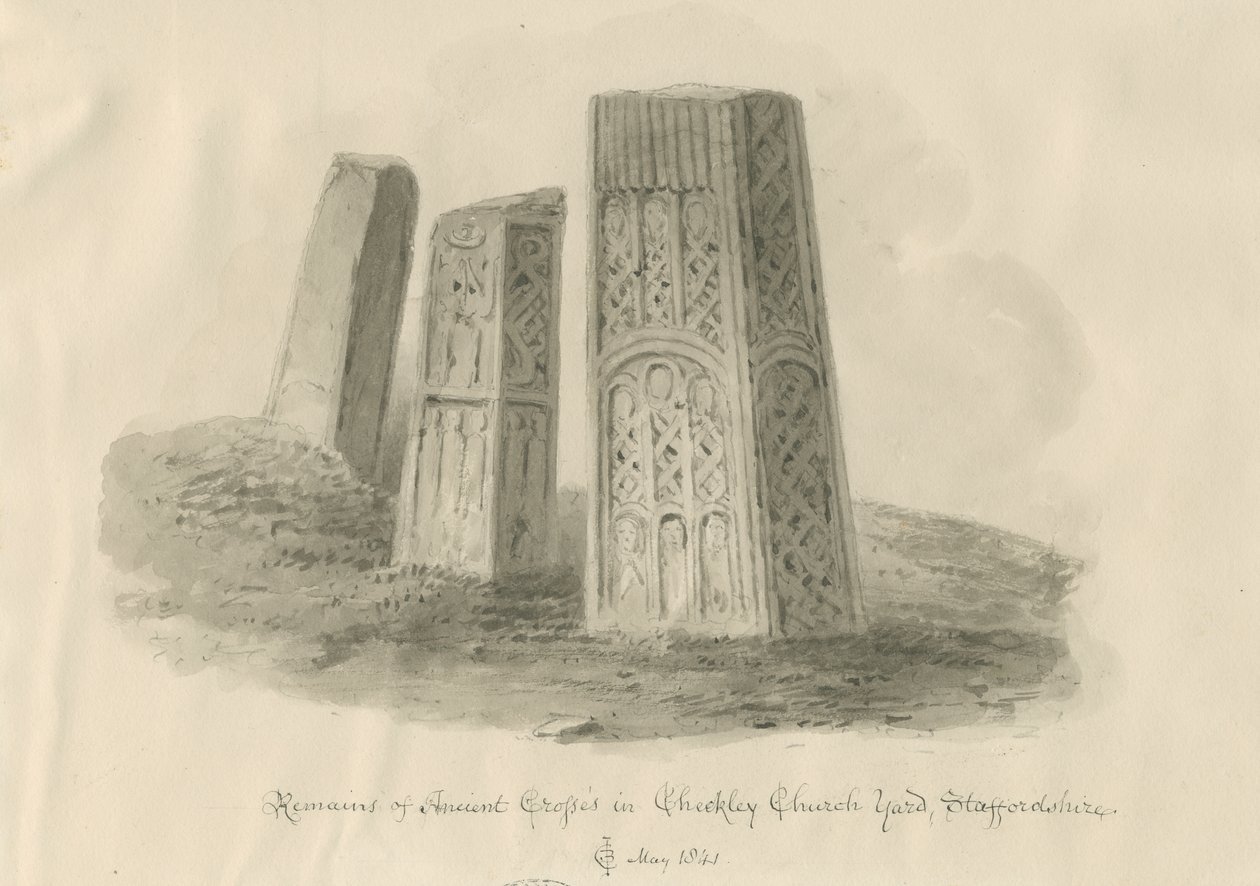 Igreja Checkley - Cruzes Antigas: desenho sépia de John Chessell Buckler