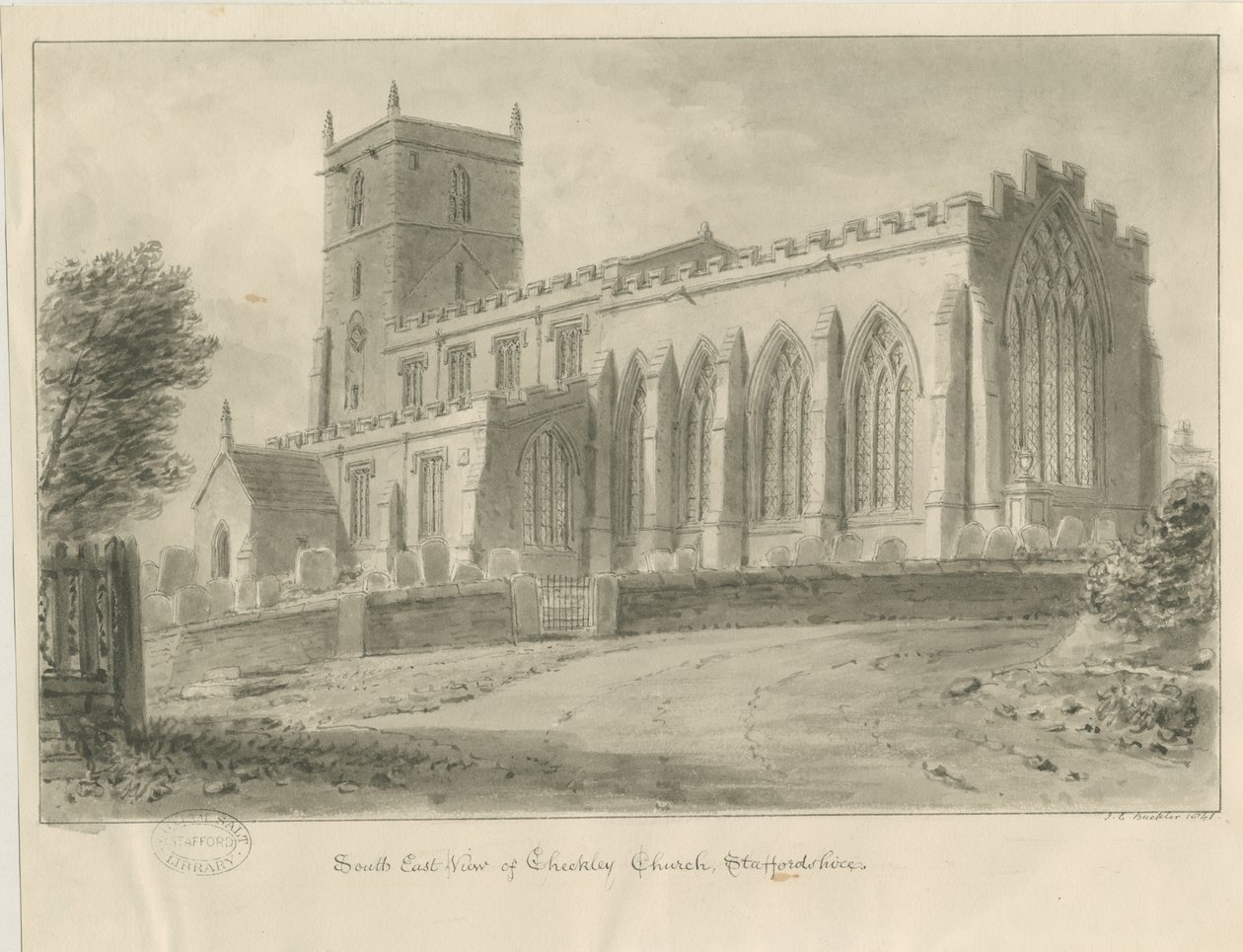Igreja Checkley: desenho sépia de John Chessell Buckler