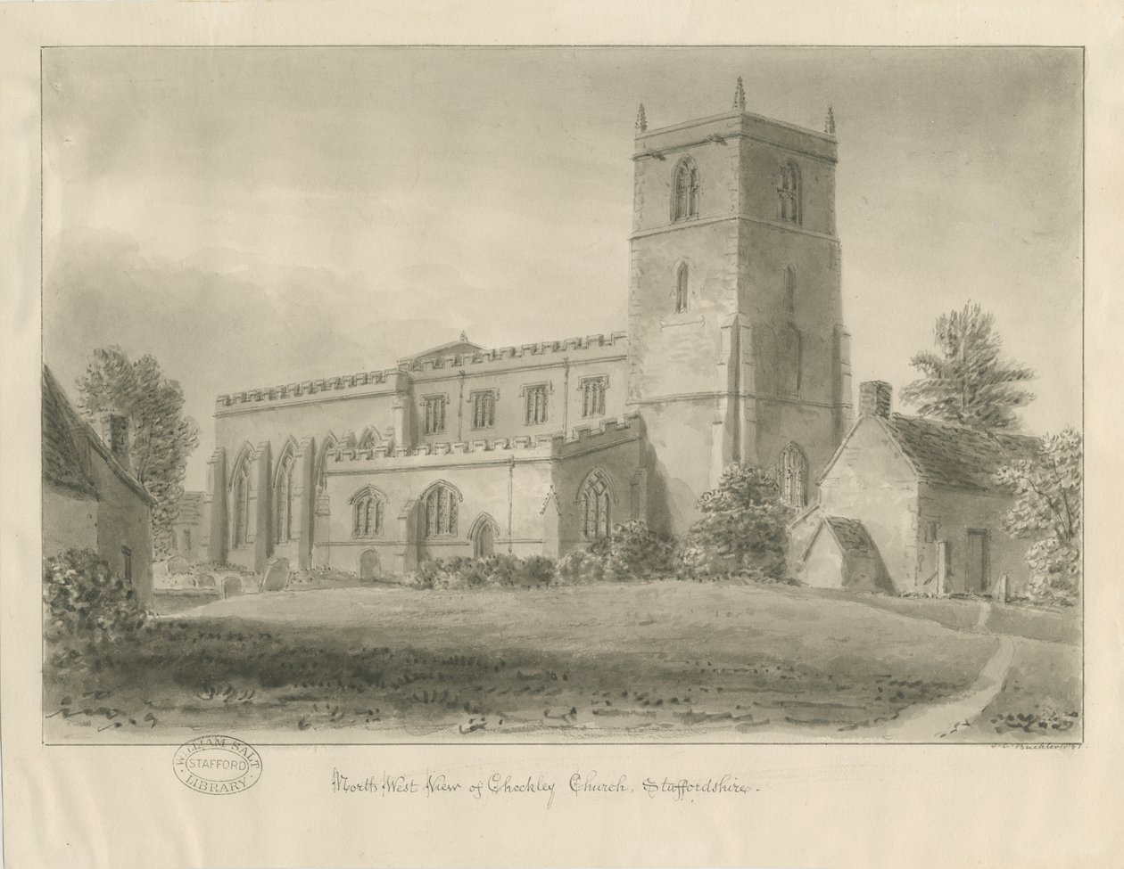 Igreja Checkley: desenho sépia de John Chessell Buckler