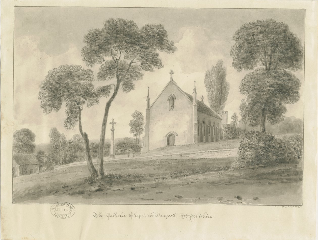 Cresswell - Capela Católica Draycott-in-the-Moors: desenho em sépia, 1841 de John Chessell Buckler