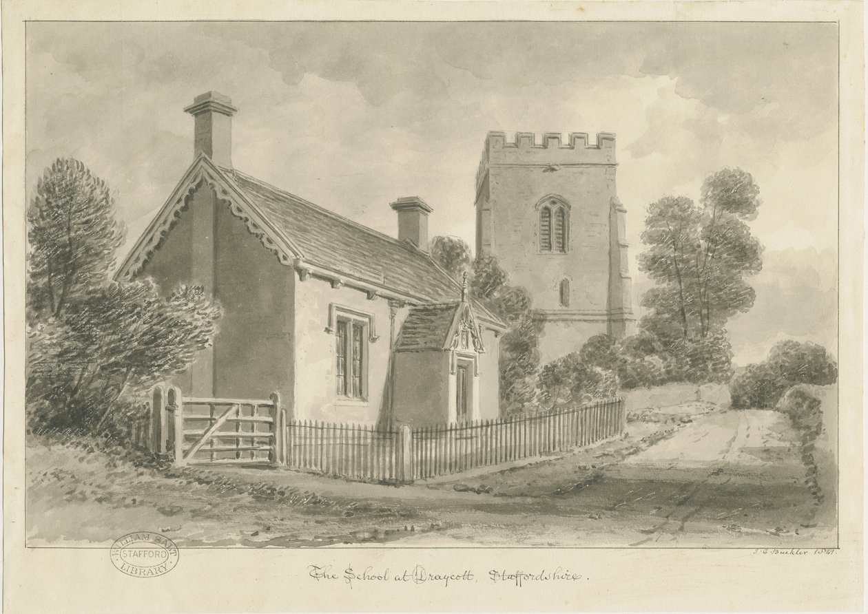 Draycott nos mouros - escola: desenho em sépia, 1841 de John Chessell Buckler