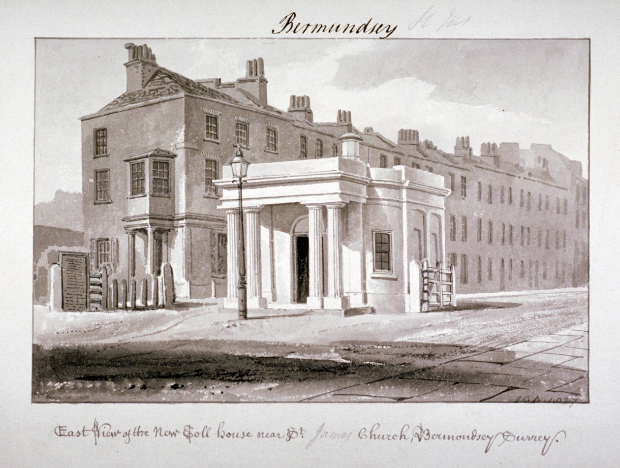 Vista leste da nova casa de pedágio perto da Igreja de St James, Bermondsey, Londres, 1827. de John Chessell Buckler