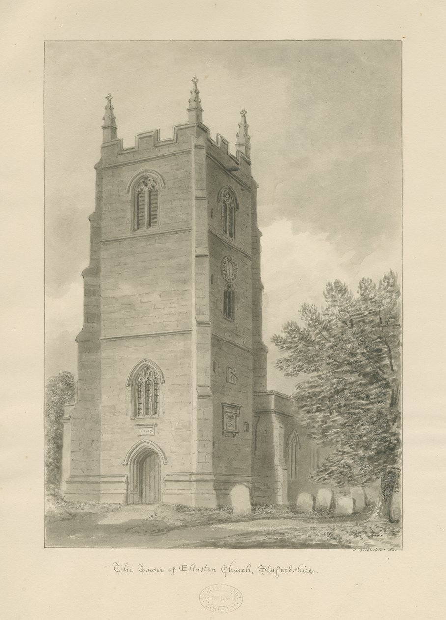 Igreja Ellastone: desenho sépia de John Chessell Buckler