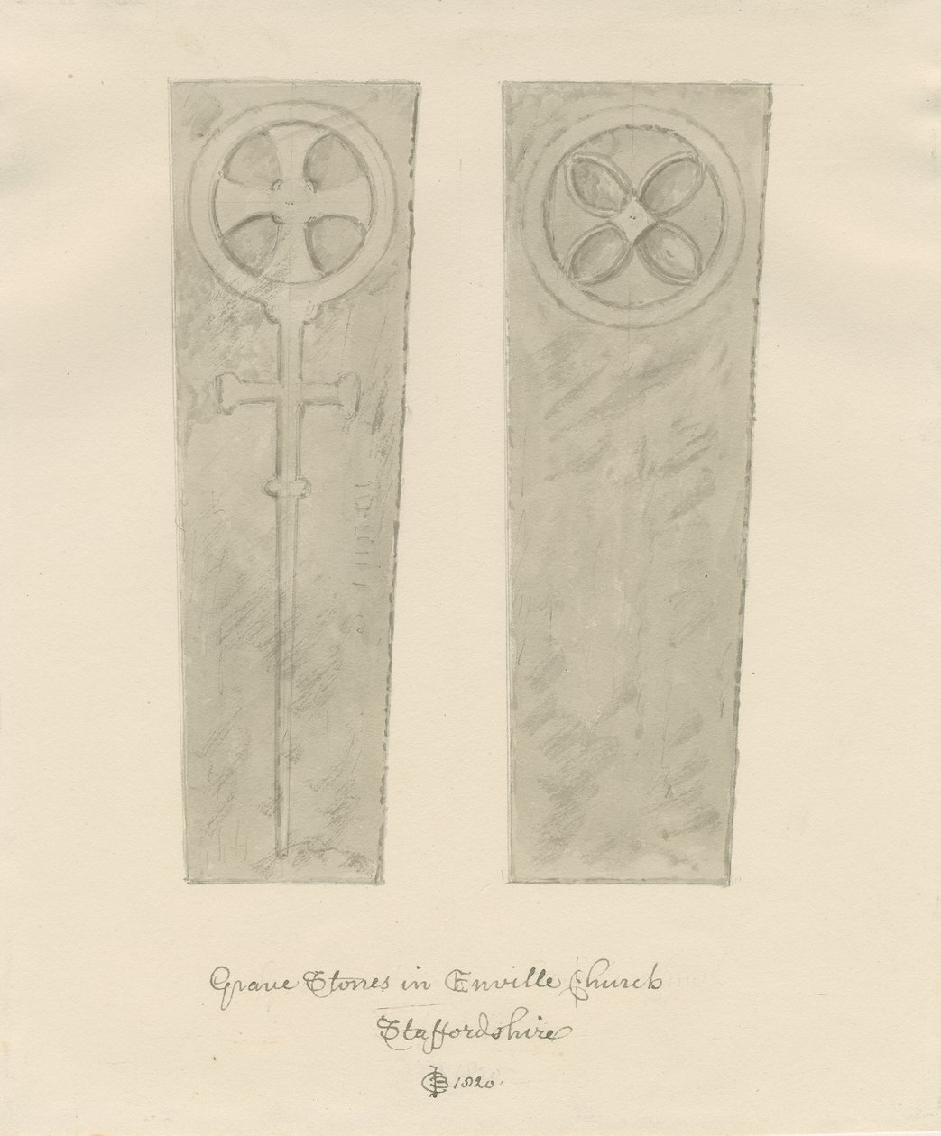 Igreja Enville - Gravestones: desenho sépia de John Chessell Buckler