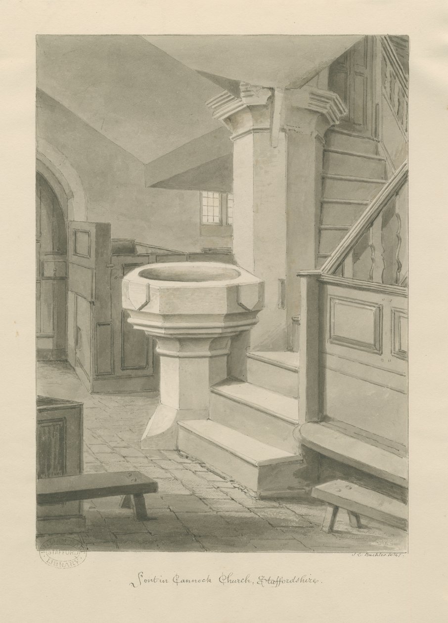 Fonte na Igreja de Cannock: desenho em sépia, 1841 de John Chessell Buckler