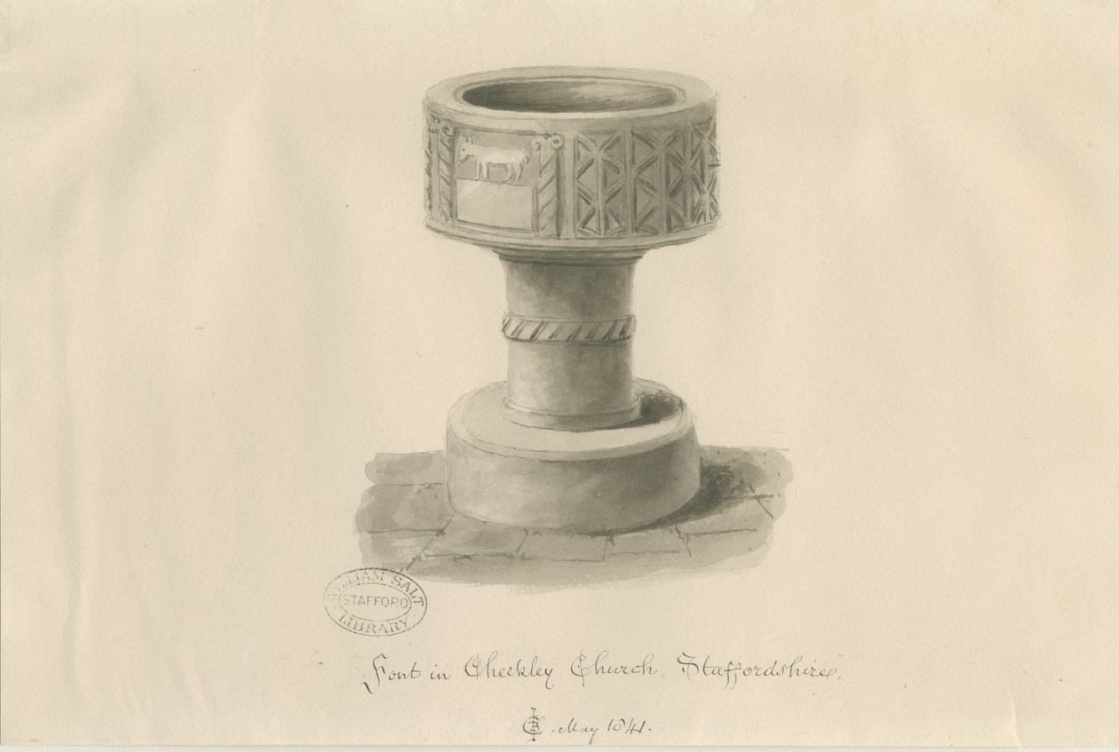 Fonte na Igreja Checkley: desenho em sépia, 1841 de John Chessell Buckler