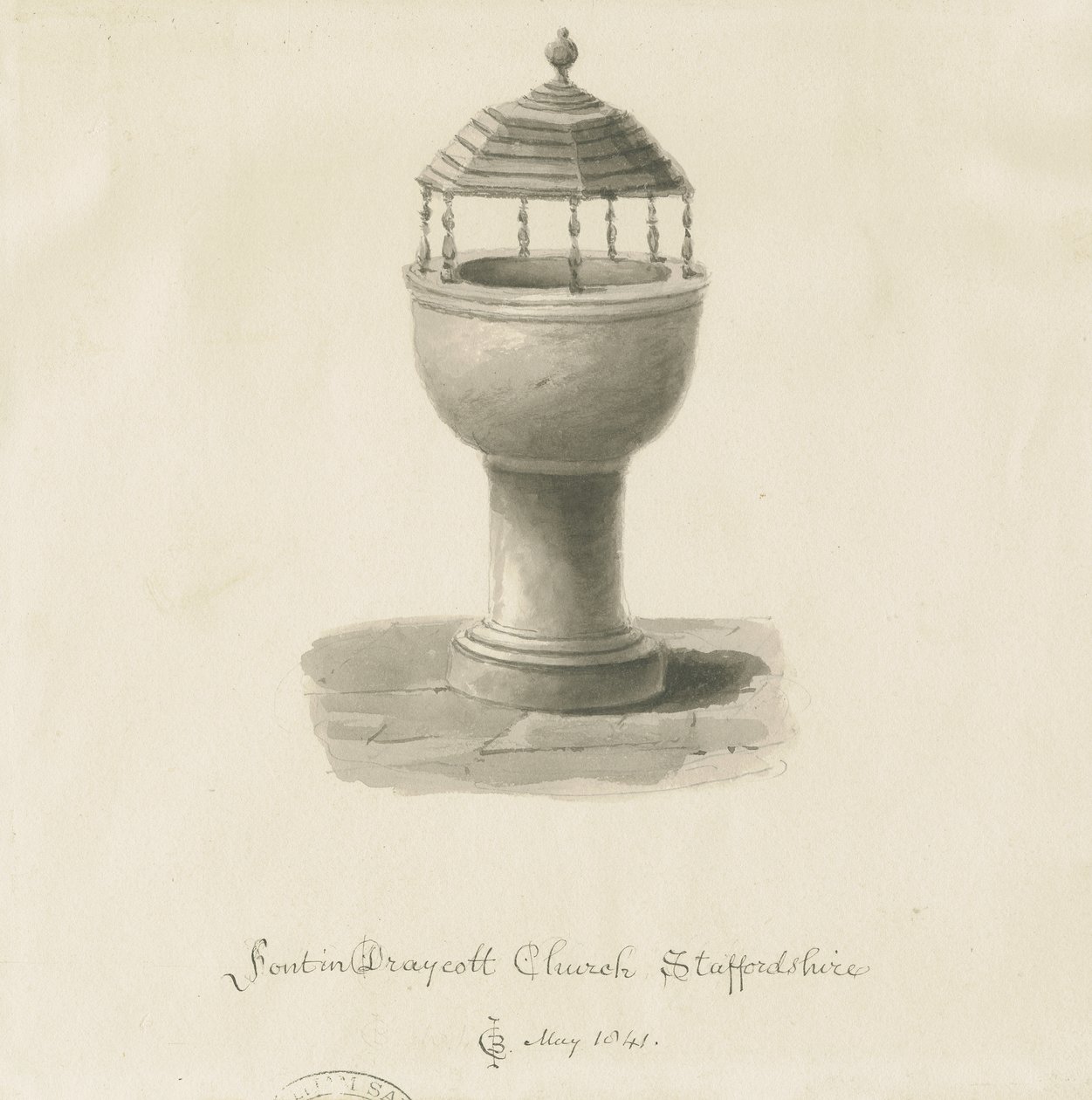 Fonte em Draycott na Igreja dos Mouros: desenho sépia de John Chessell Buckler