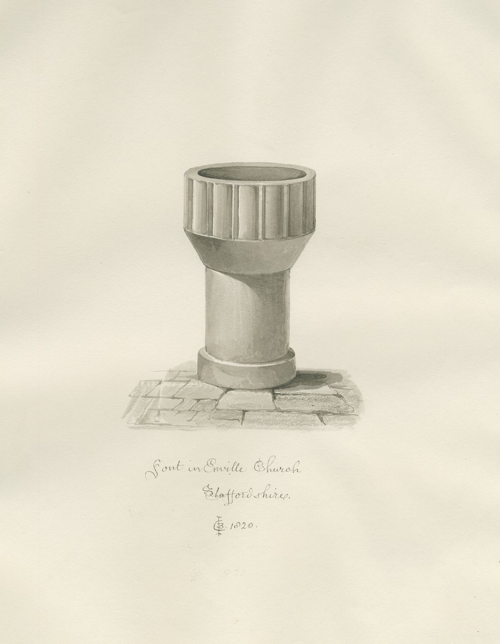 Fonte na Igreja Enville: desenho sépia de John Chessell Buckler