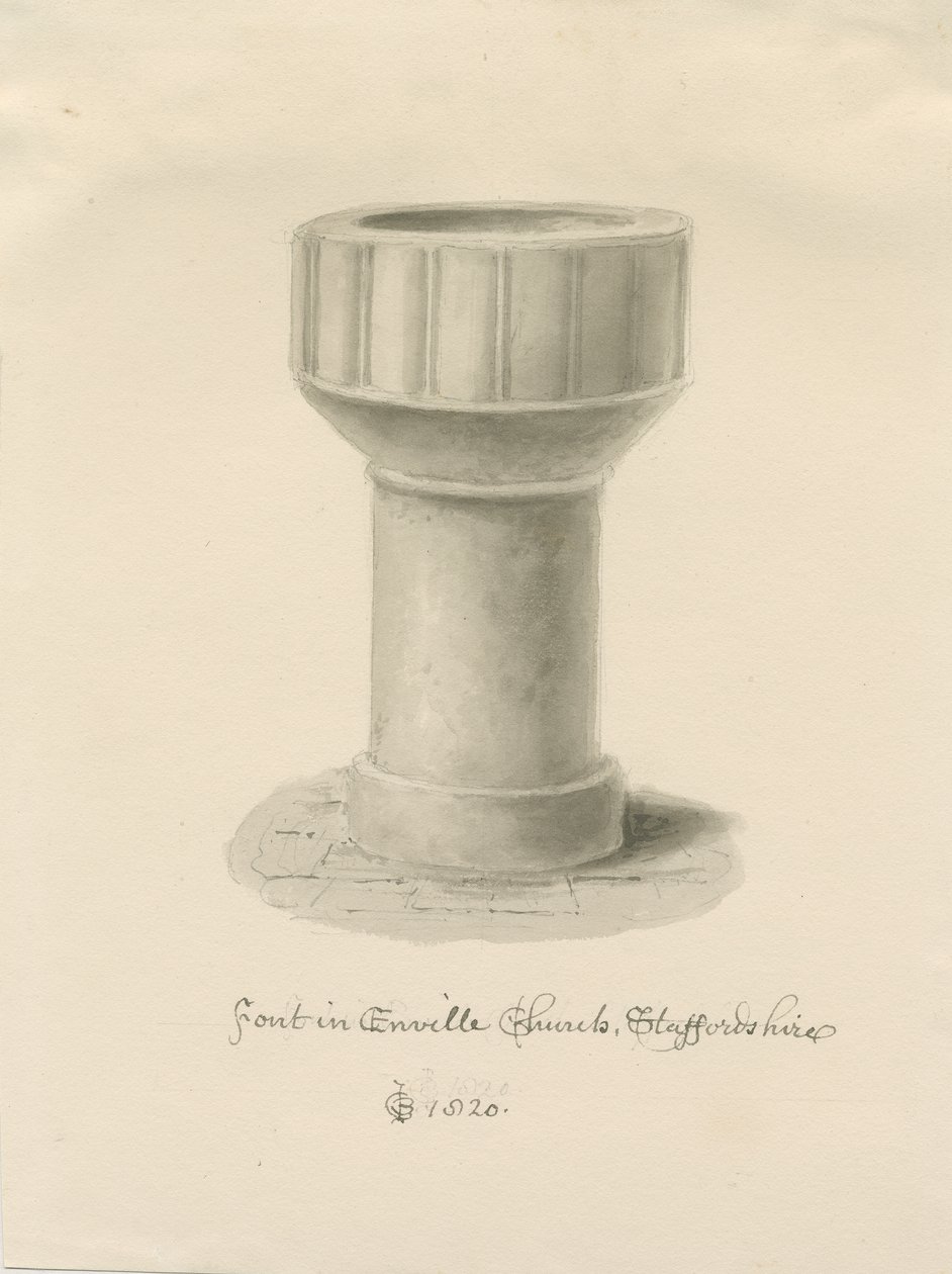 Fonte na Igreja Enville: desenho sépia, 1820 de John Chessell Buckler