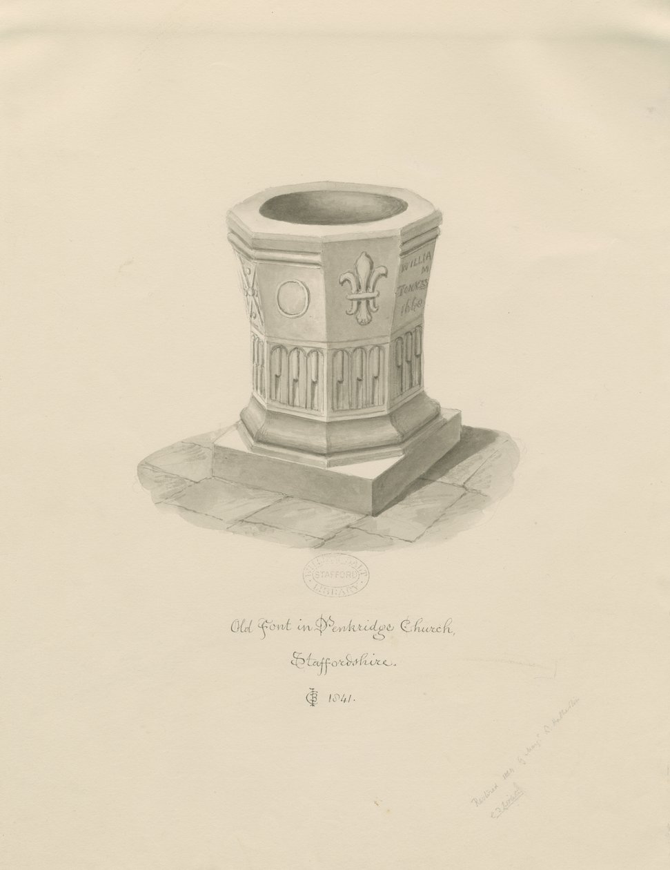 Fonte na Igreja Penkridge: desenho em sépia, 1841 de John Chessell Buckler