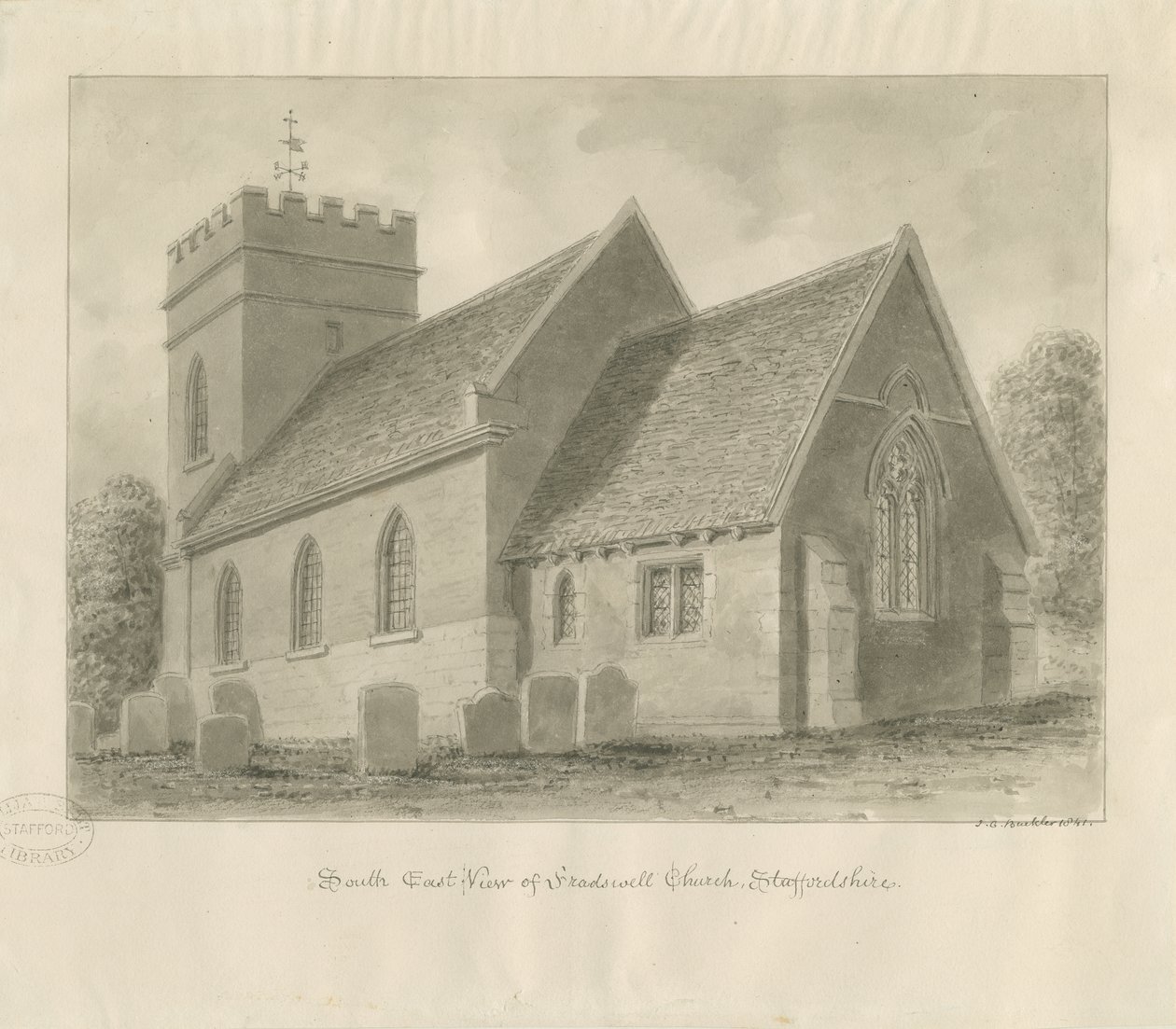 Igreja de Fradswell: desenho sépia de John Chessell Buckler