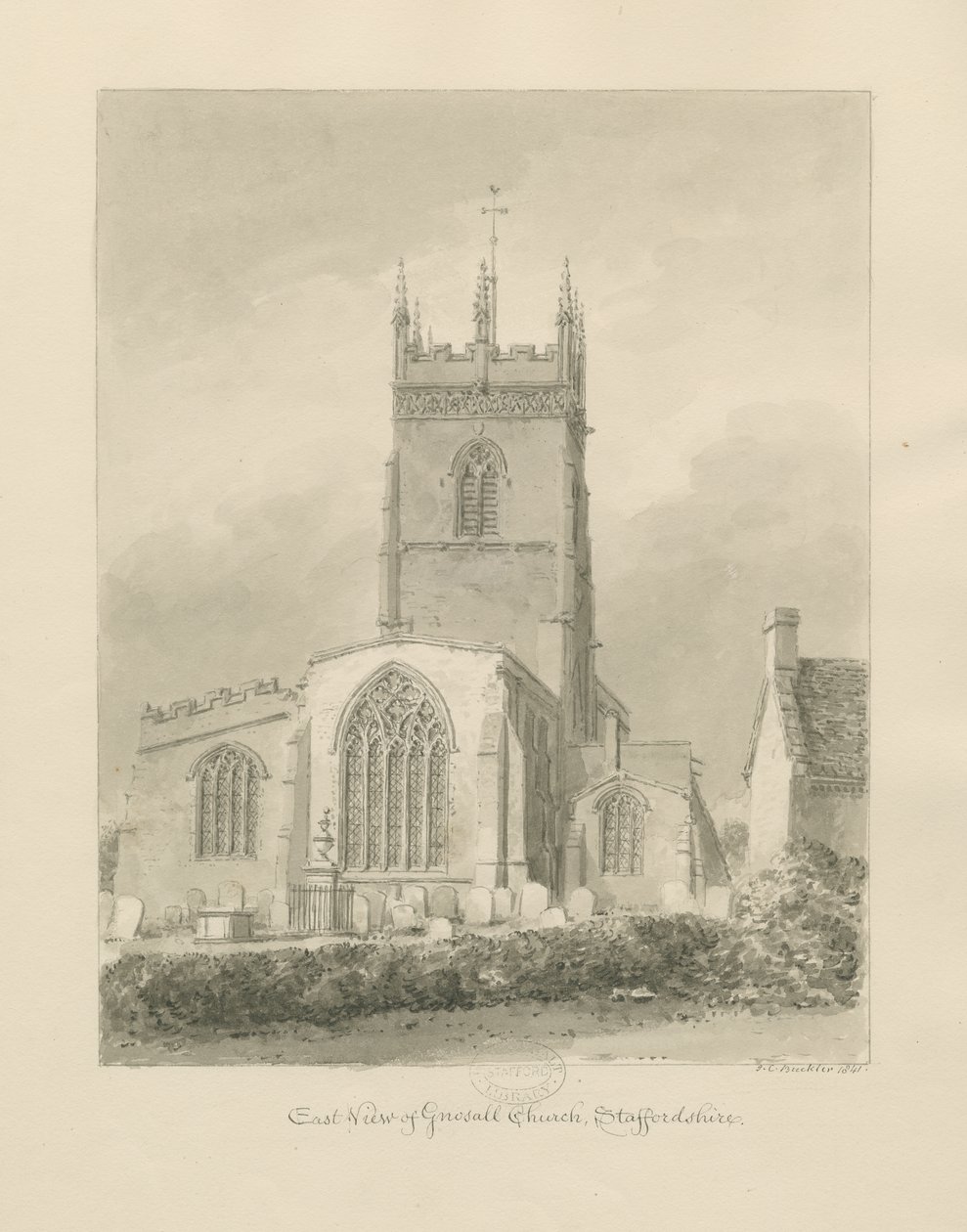 Igreja Gnosall: desenho sépia de John Chessell Buckler