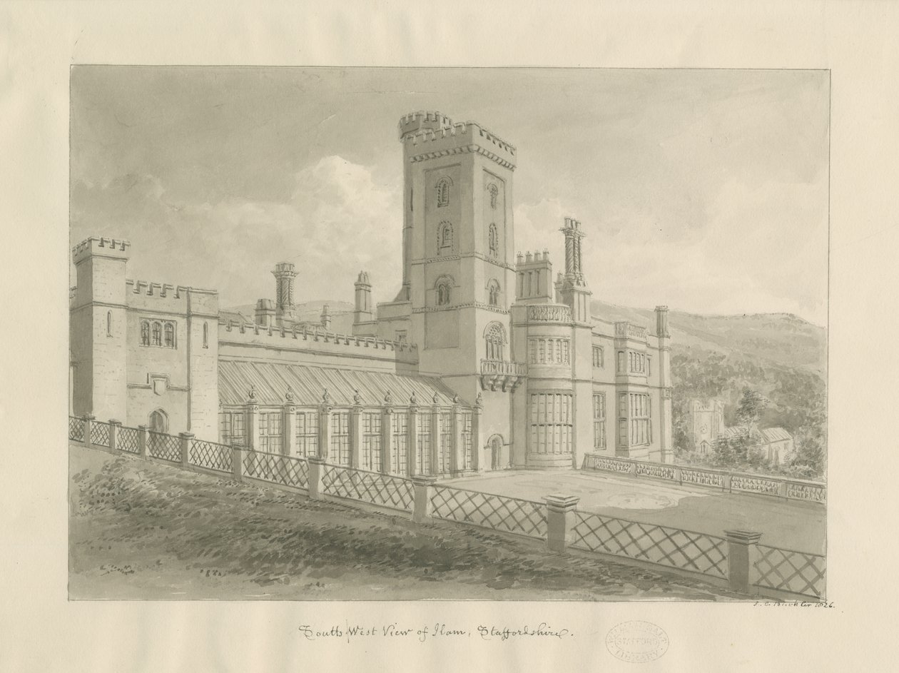 Ilam Hall: desenho sépia de John Chessell Buckler