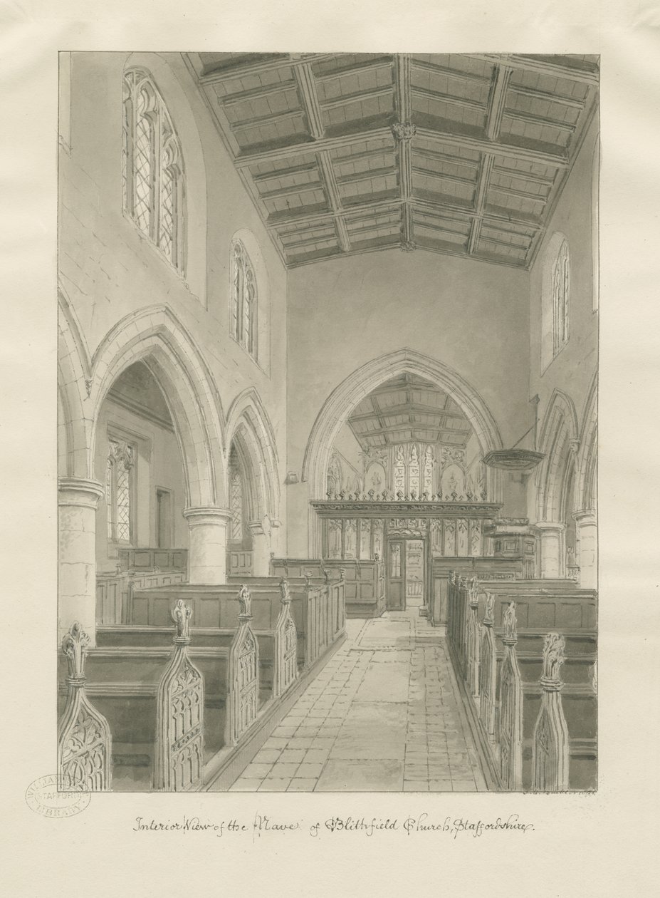 Interior da Igreja de Blithfield: desenho em sépia, 1824 de John Chessell Buckler