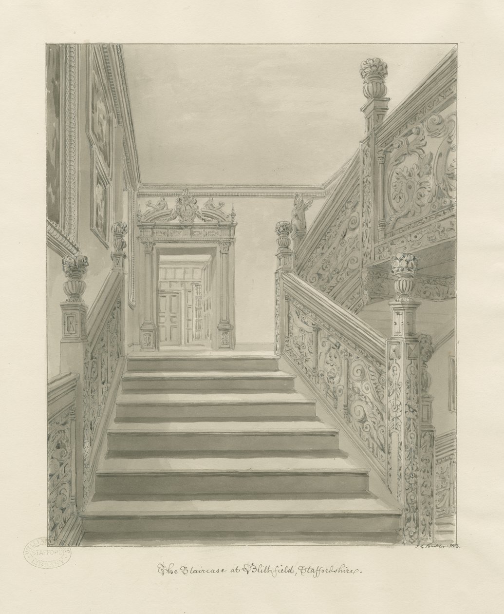 Interior do Blithfield Hall: desenho sépia de John Chessell Buckler
