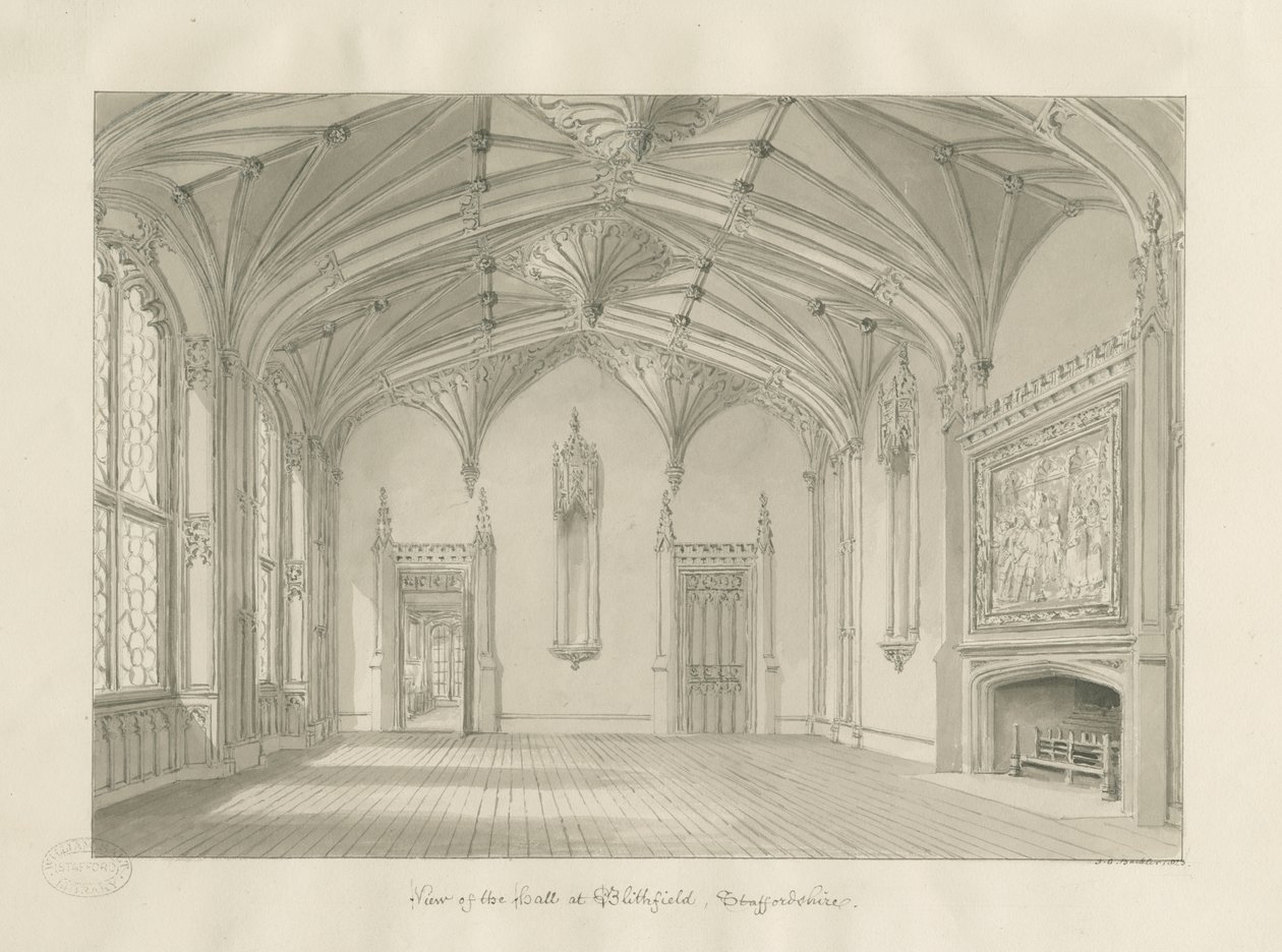 Interior de Blithfield Hall: desenho em sépia, 1823 de John Chessell Buckler