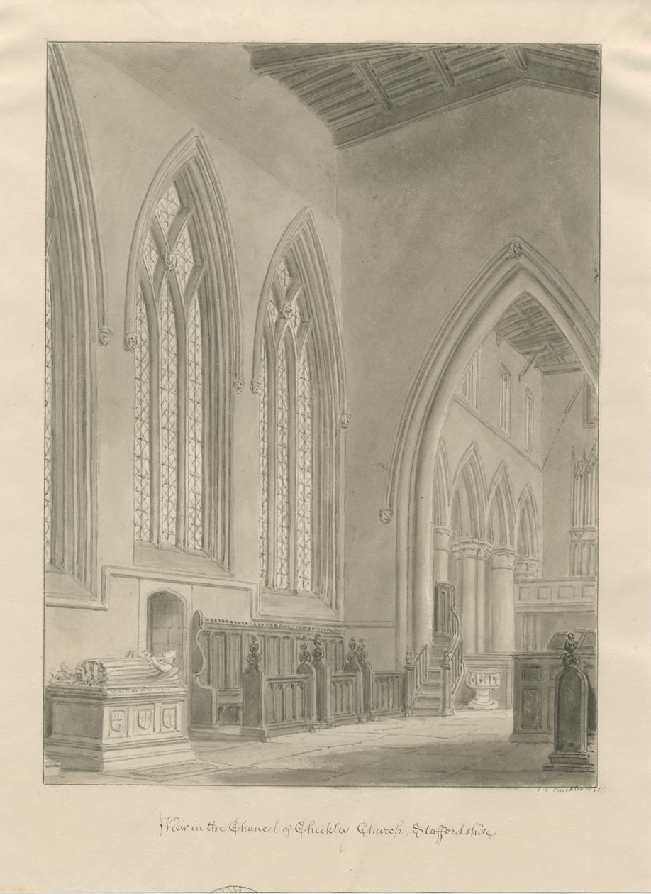 Interior da Igreja de Checkley: desenho em sépia, 1841 de John Chessell Buckler