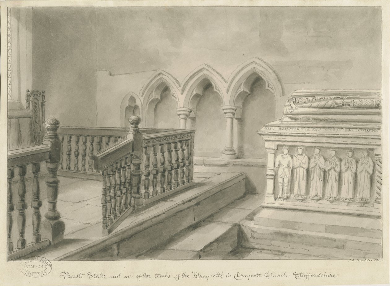 Interior de Draycott na Igreja dos Mouros: desenho em sépia, 1841 de John Chessell Buckler
