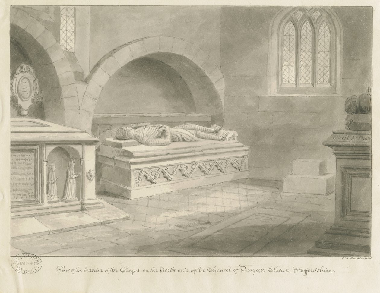 Interior de Draycott na Igreja dos Mouros: desenho em sépia, 1841 de John Chessell Buckler