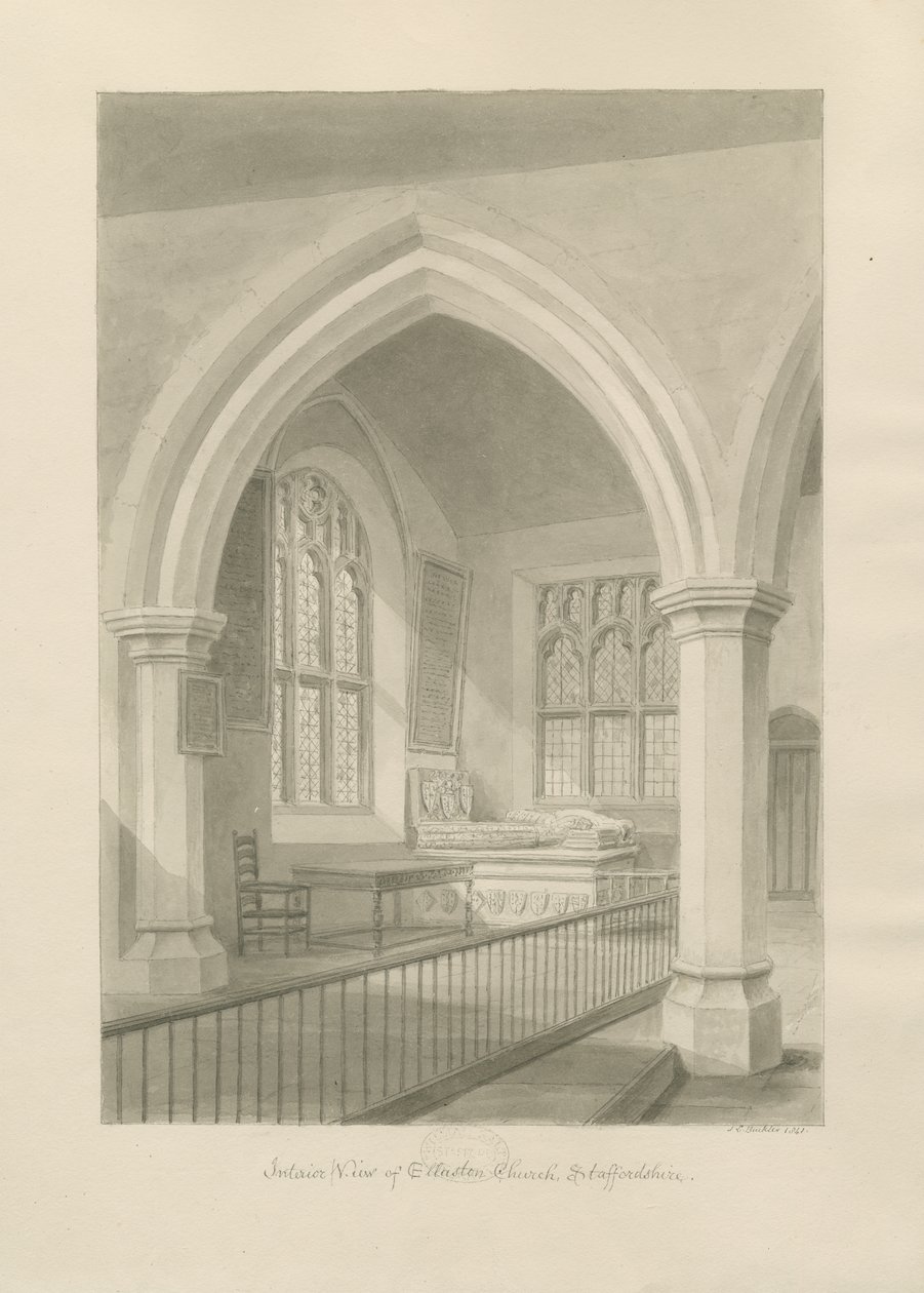 Interior da Igreja de Ellastone: desenho em sépia, 1841 de John Chessell Buckler