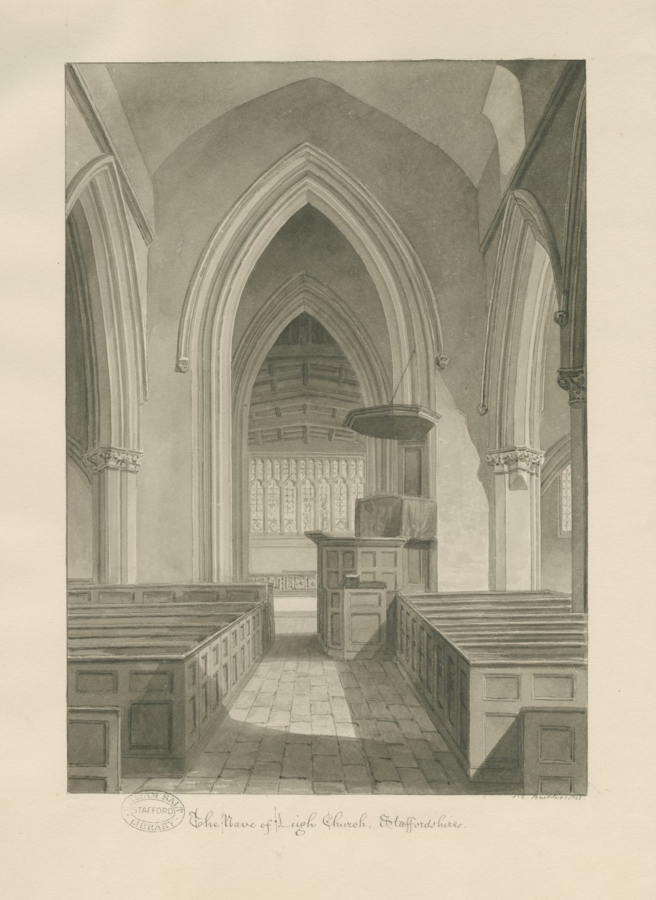 Interior da Igreja de Leigh: desenho sépia de John Chessell Buckler