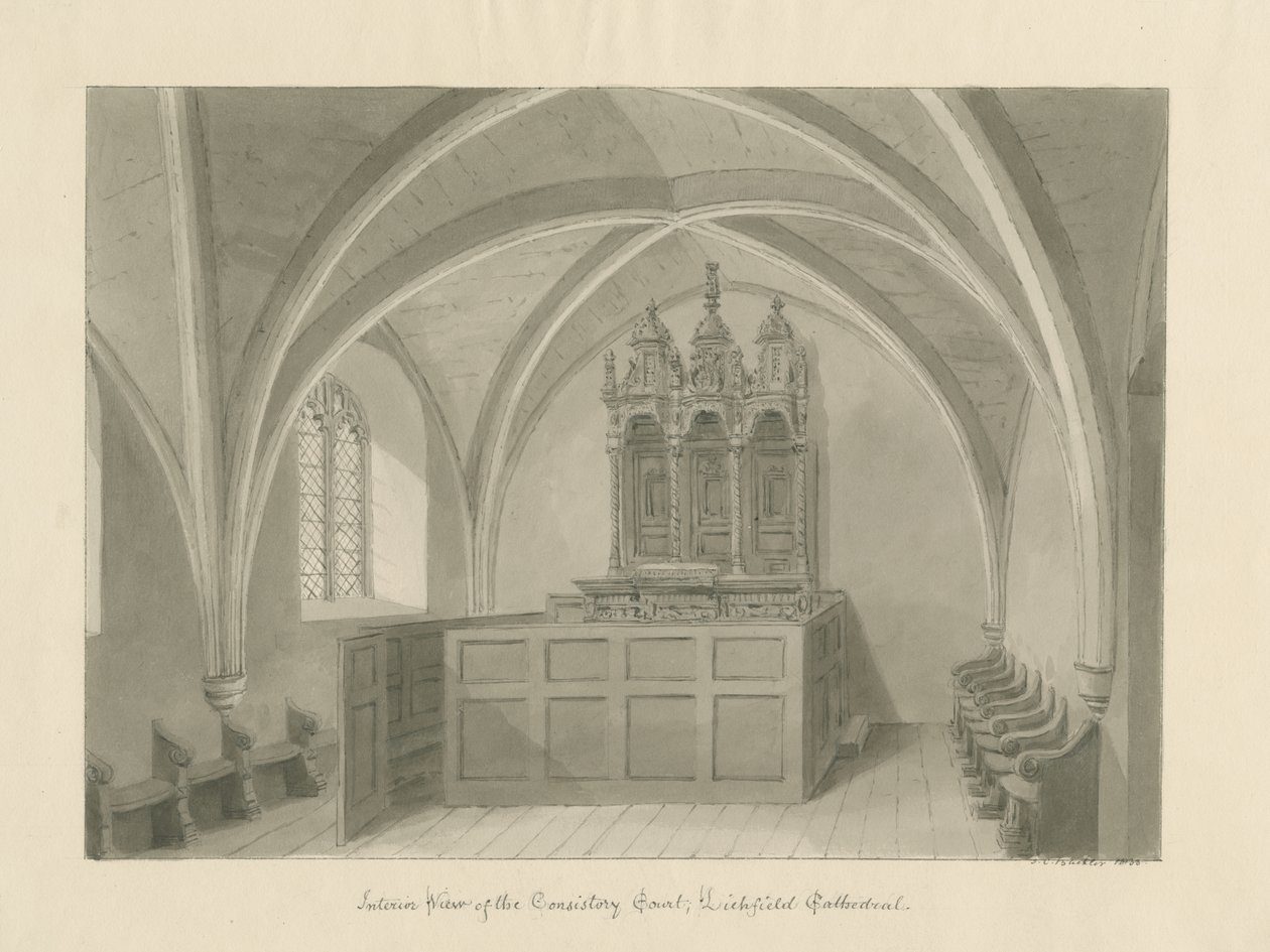 Interior da Catedral de Lichfield - Corte de Consistório: desenho sépia de John Chessell Buckler