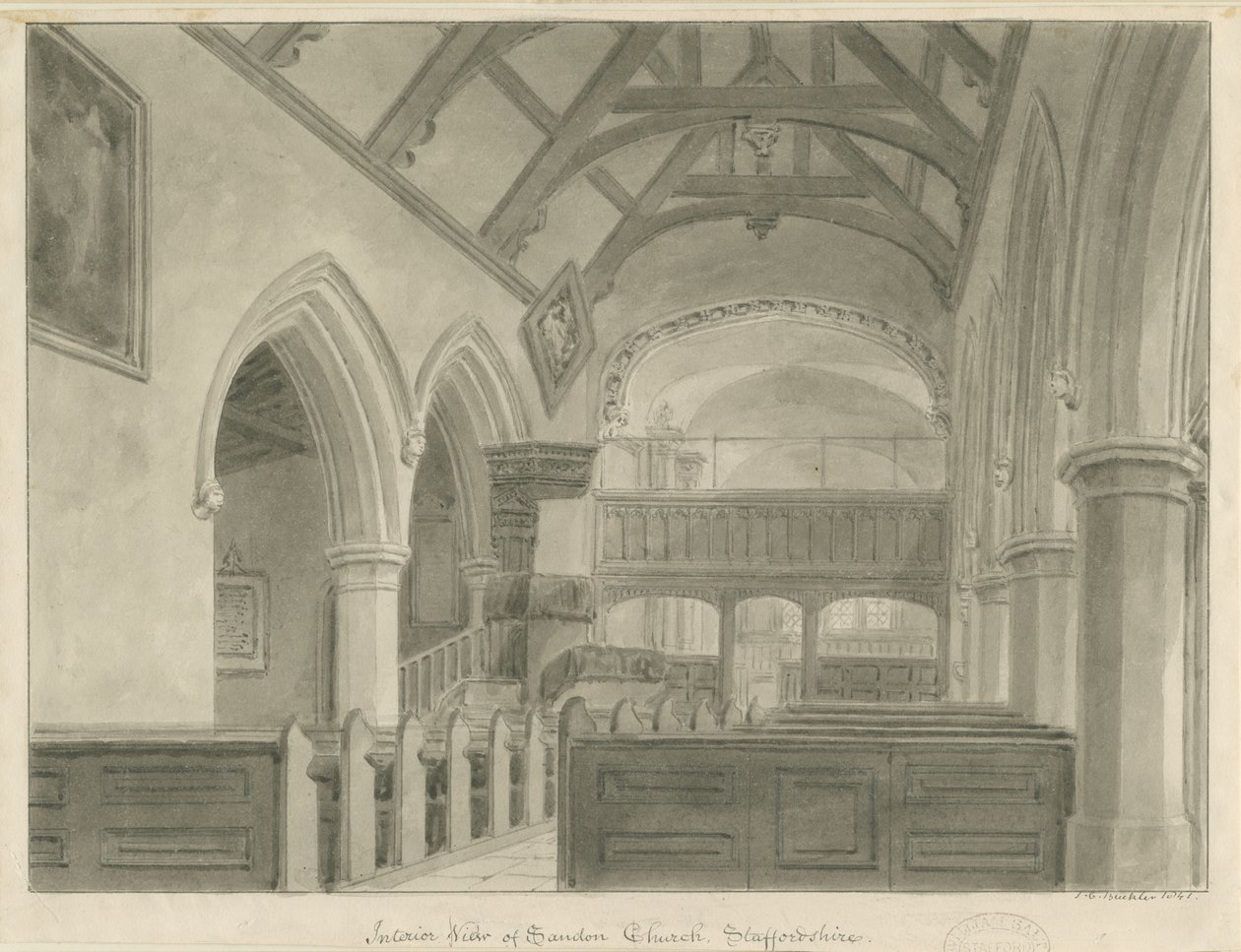 Interior da Igreja Sandon: desenho em sépia, 1841 de John Chessell Buckler