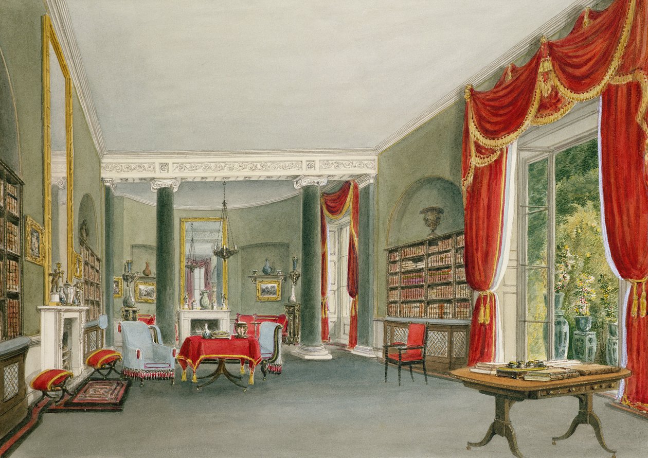 Biblioteca e sala de desenho em Bromley Hill, Kent (sede da direita Honorável Charles Long) de John Chessell Buckler