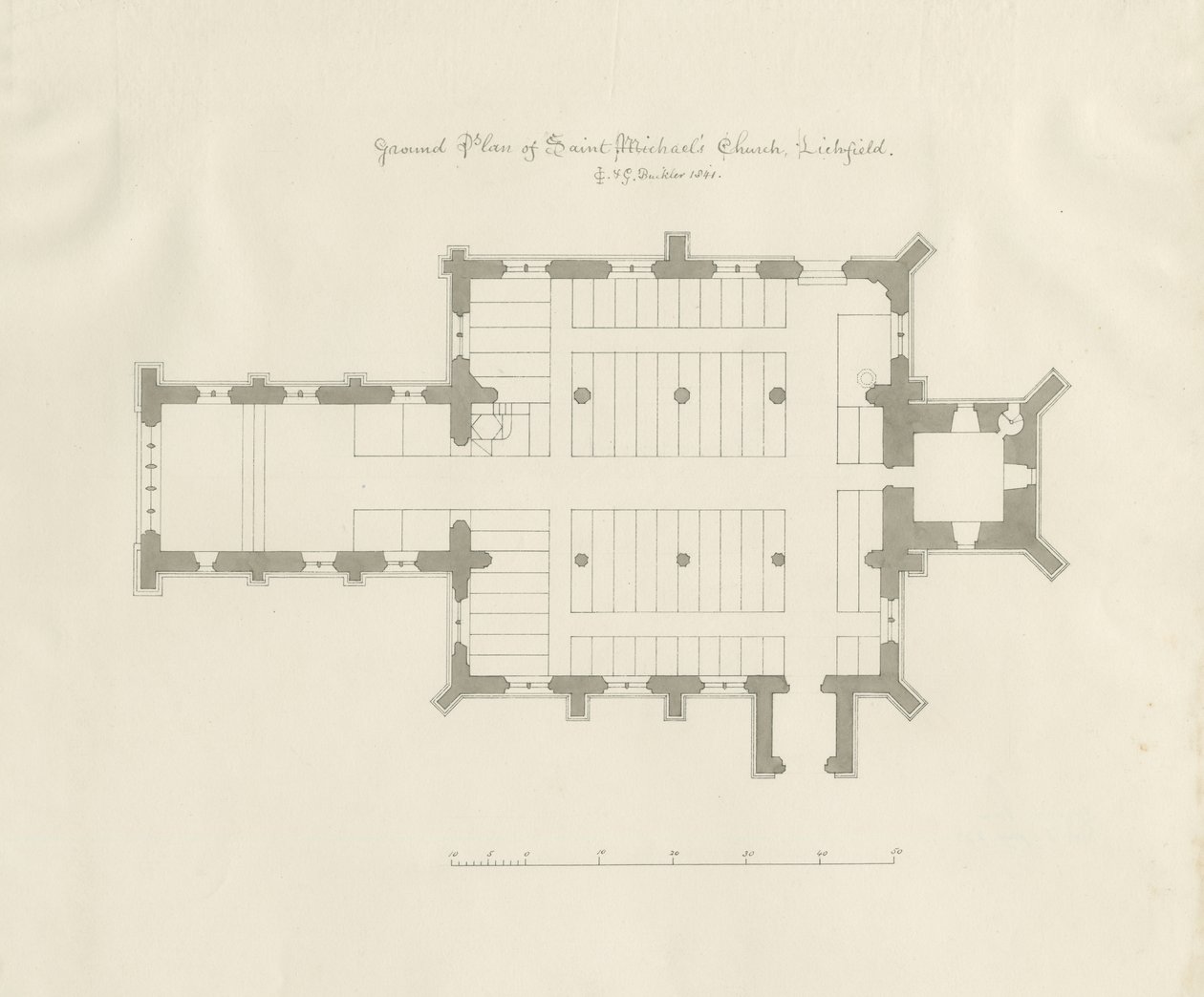 Lichfield - Planta Baixa da Igreja de São Miguel: desenho com caneta e sépia de John Chessell Buckler