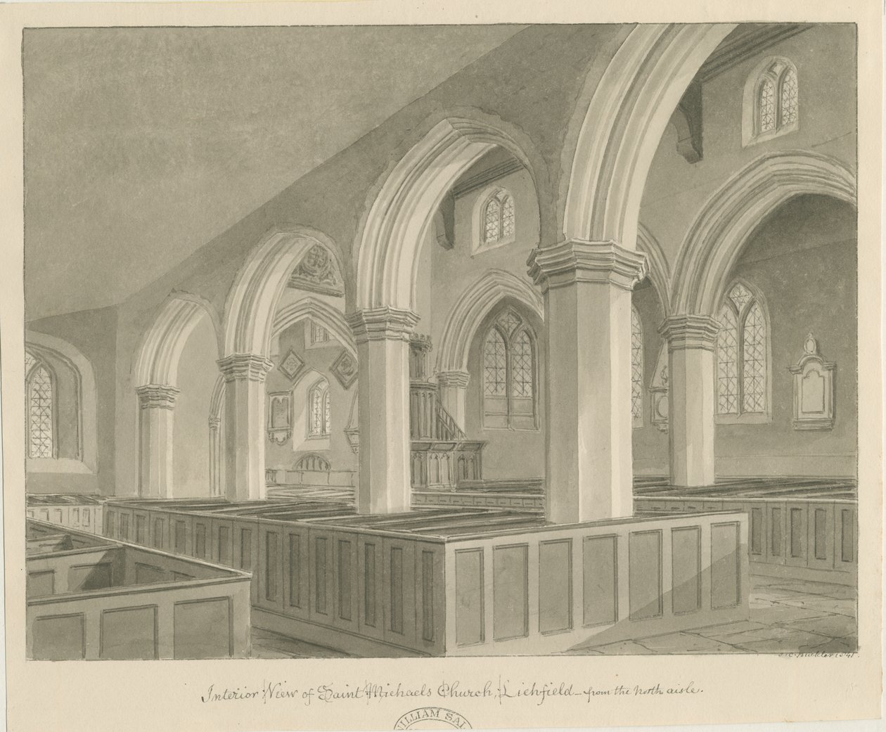 Lichfield - Interior da Igreja de São Miguel: desenho sépia de John Chessell Buckler