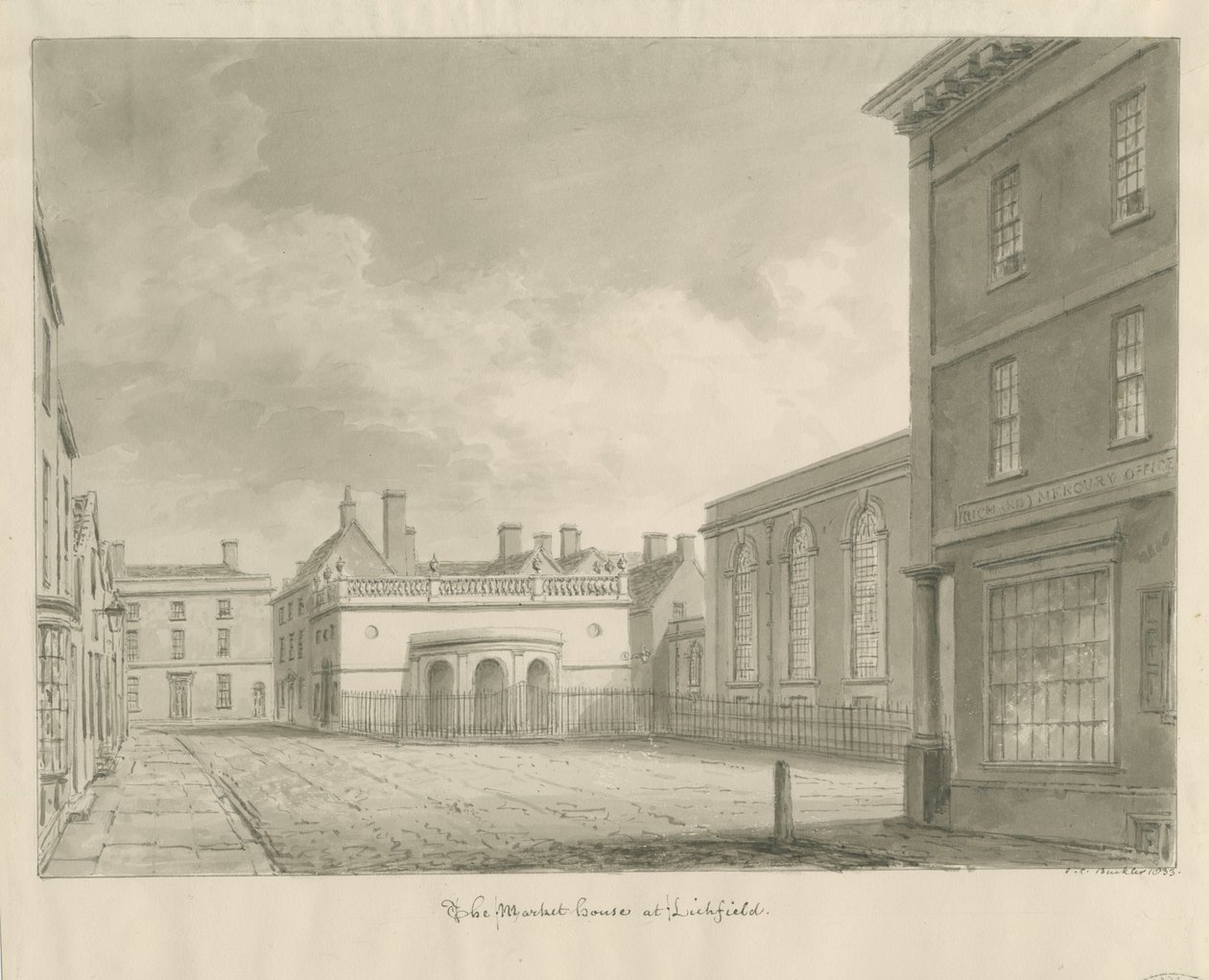 Lichfield - Casa do Mercado: desenho sépia de John Chessell Buckler