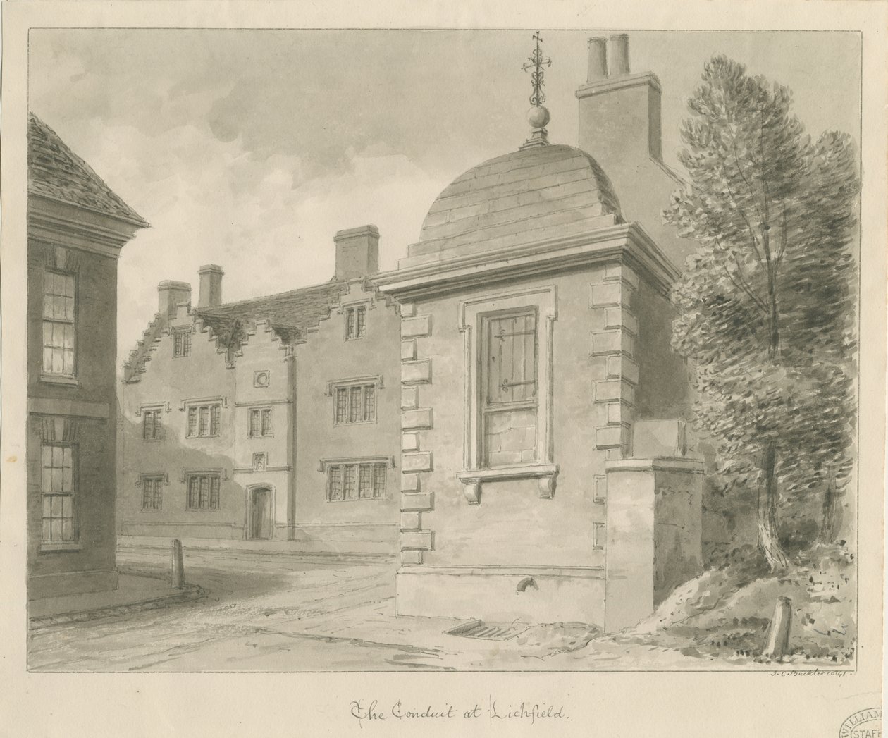 Lichfield - Escola de Menores e Conduit: desenho sépia de John Chessell Buckler
