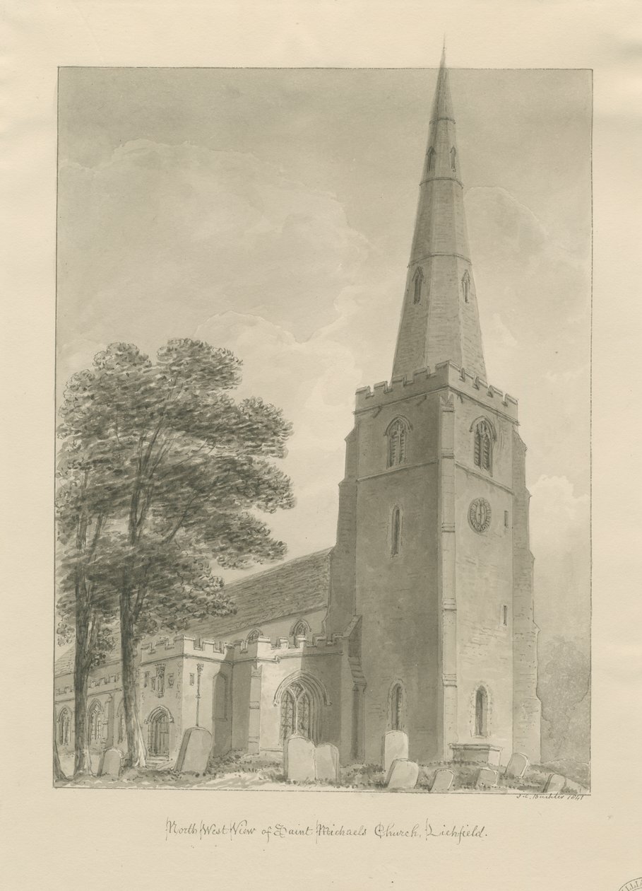 Lichfield - Igreja de São Miguel: desenho sépia de John Chessell Buckler