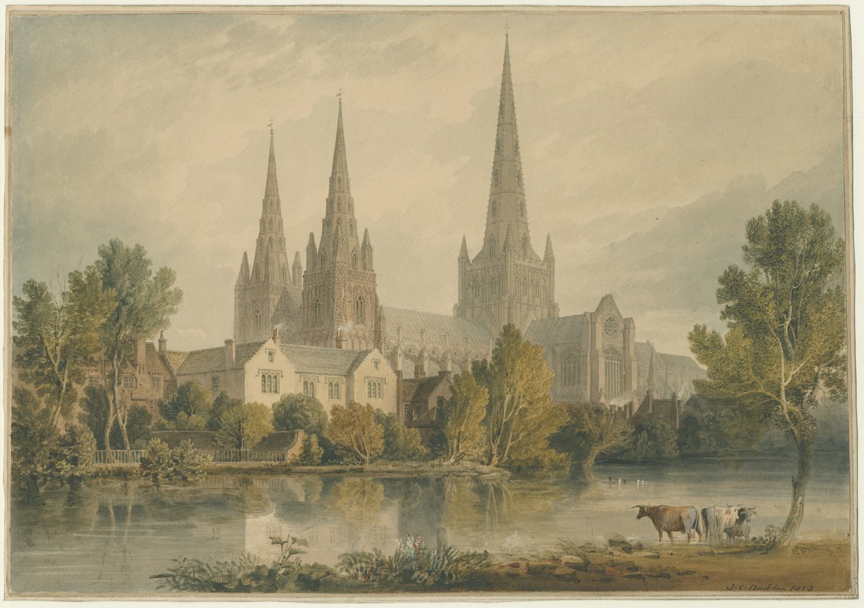 Catedral de Lichfield - Vista sudoeste: pintura em aquarela, 1813 de John Chessell Buckler