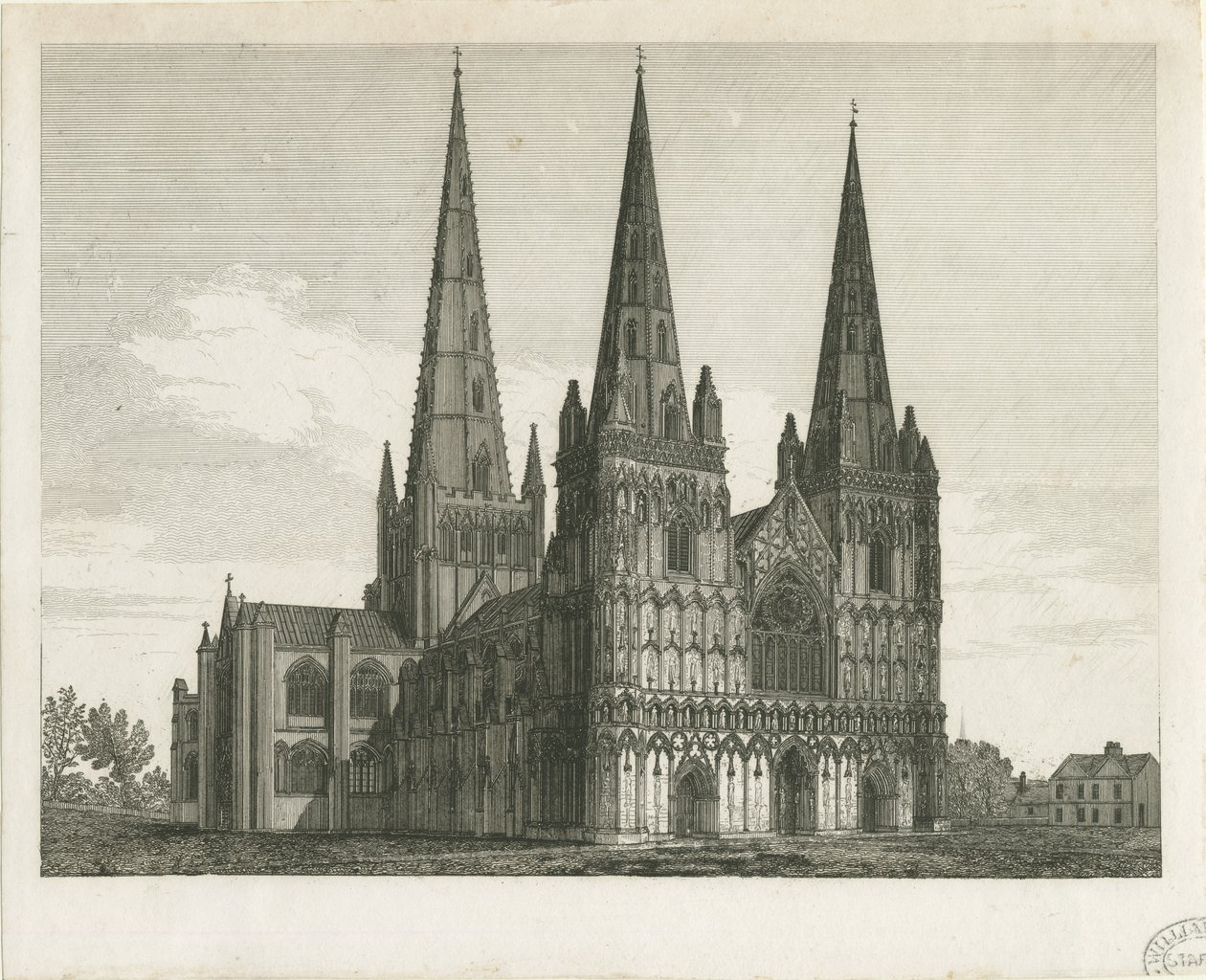Catedral de Lichfield - Frente Oeste: gravura, nd [início do século XIX] (estampado) de John Chessell Buckler
