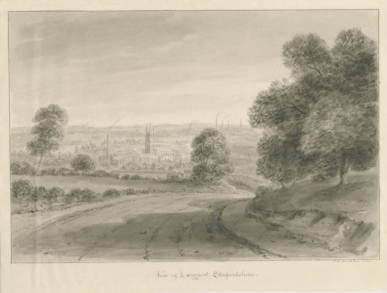Longport Village: desenho sépia de John Chessell Buckler