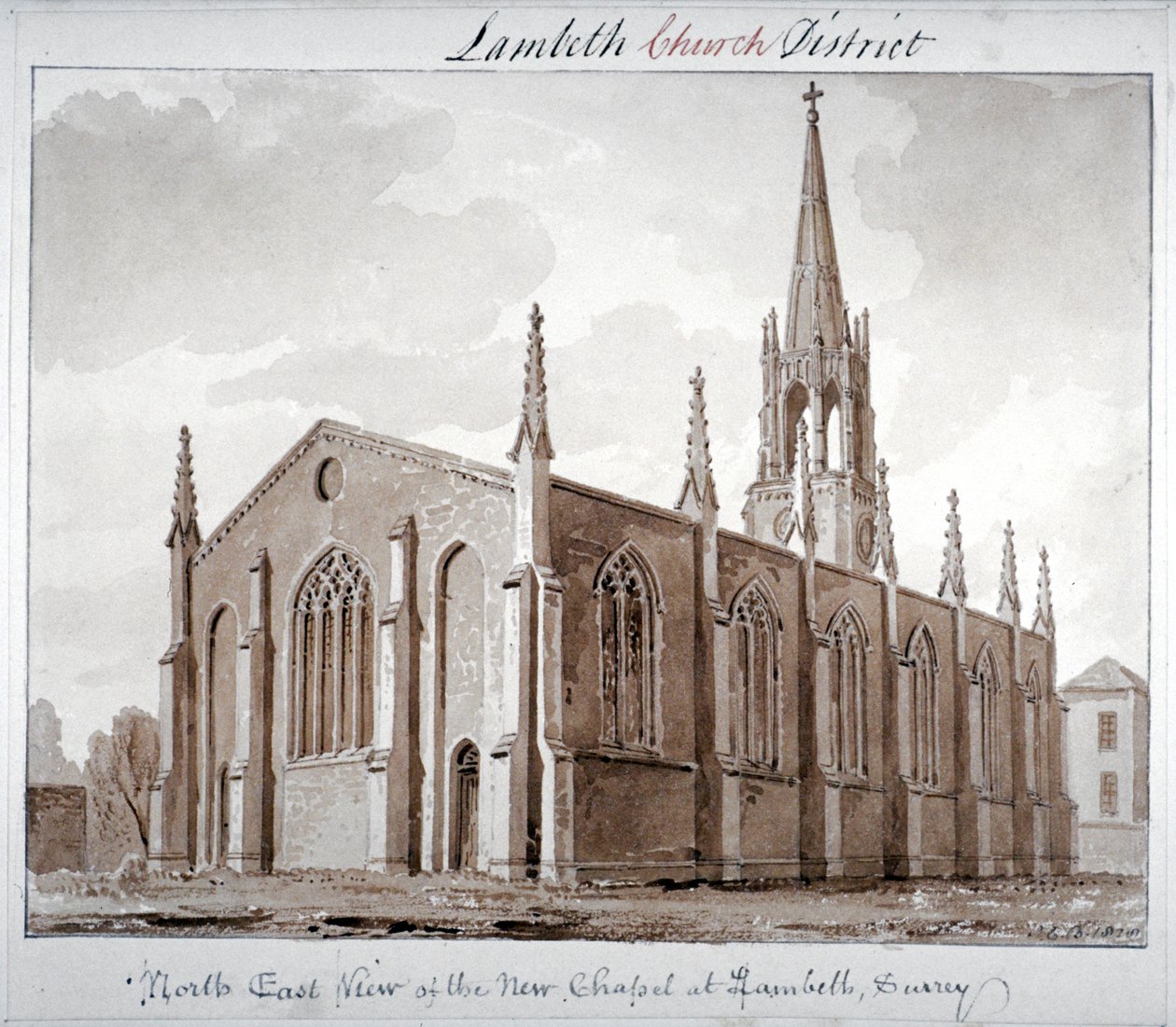 Vista nordeste da Igreja de St Mary the Less, Lambeth Butts, Londres, 1828 de John Chessell Buckler