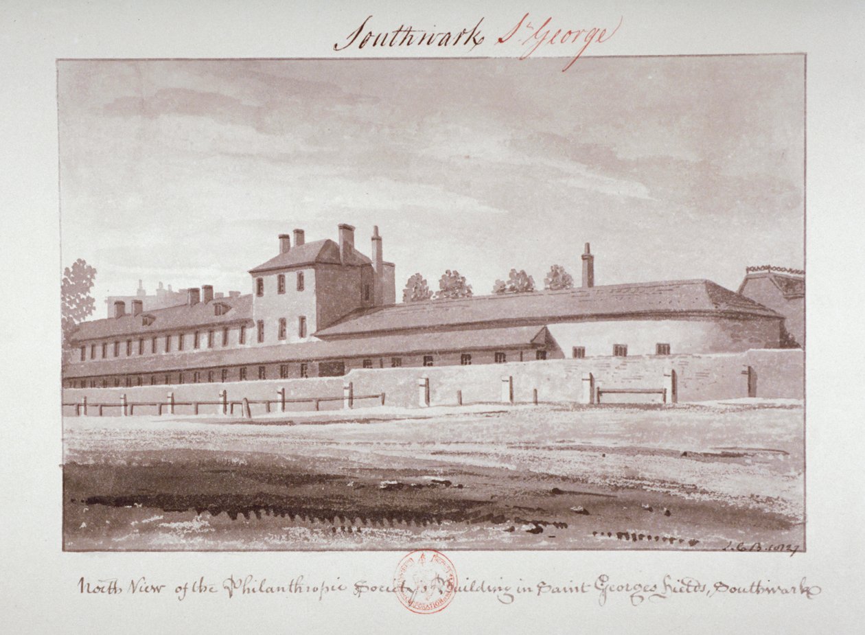 Vista norte da Philanthropic Society Institution na London Road, Southwark, Londres, 1827 de John Chessell Buckler