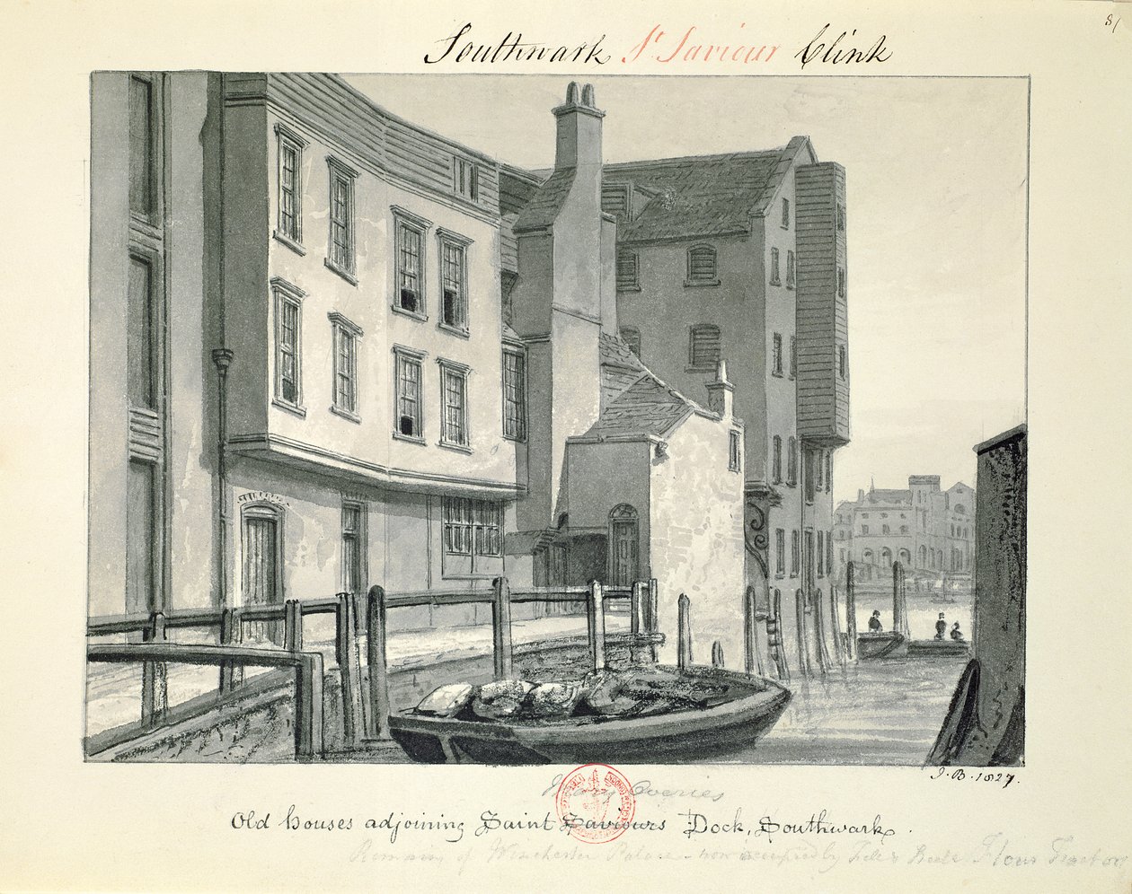 Old Houses adjacentes ao St. Saviour&39;s Dock, Southwark, 1827, de "Pennant&39;s London" (caneta e sépia no papel) de John Chessell Buckler