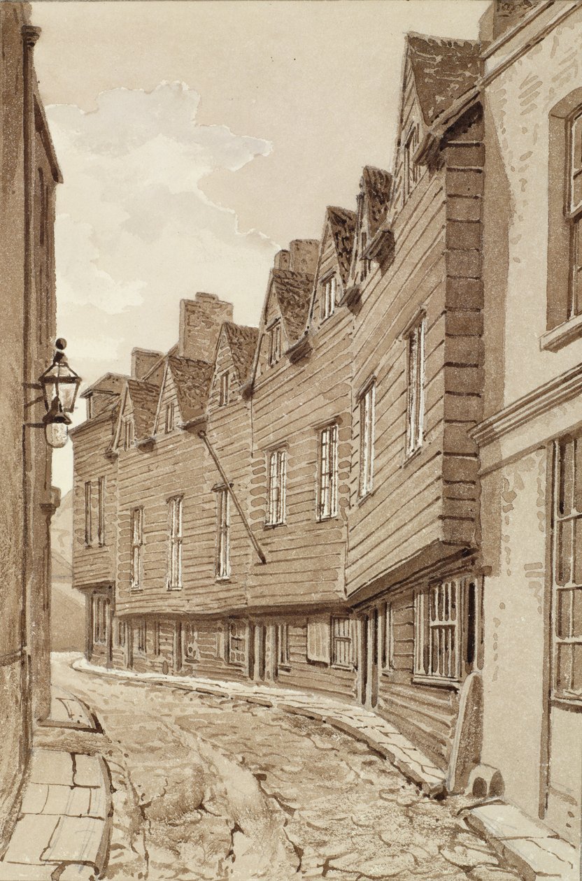 Casas antigas em Mill Lane, Bermondsey, 1828, de "Pennant&39;s London" (caneta e sépia no papel) de John Chessell Buckler
