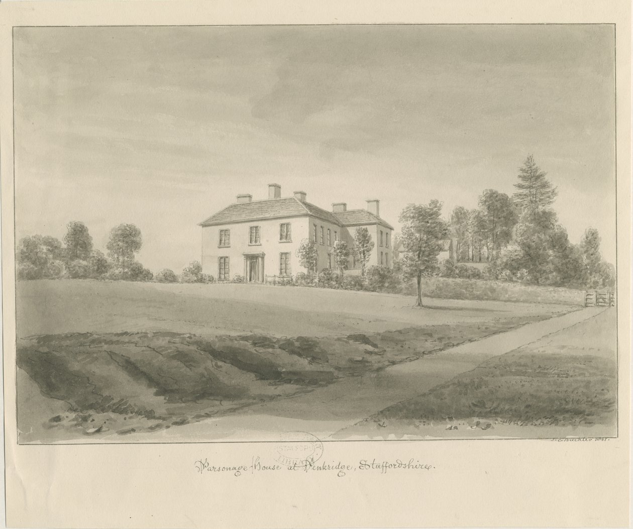 Penkridge - Parsonage House: desenho em sépia de John Chessell Buckler
