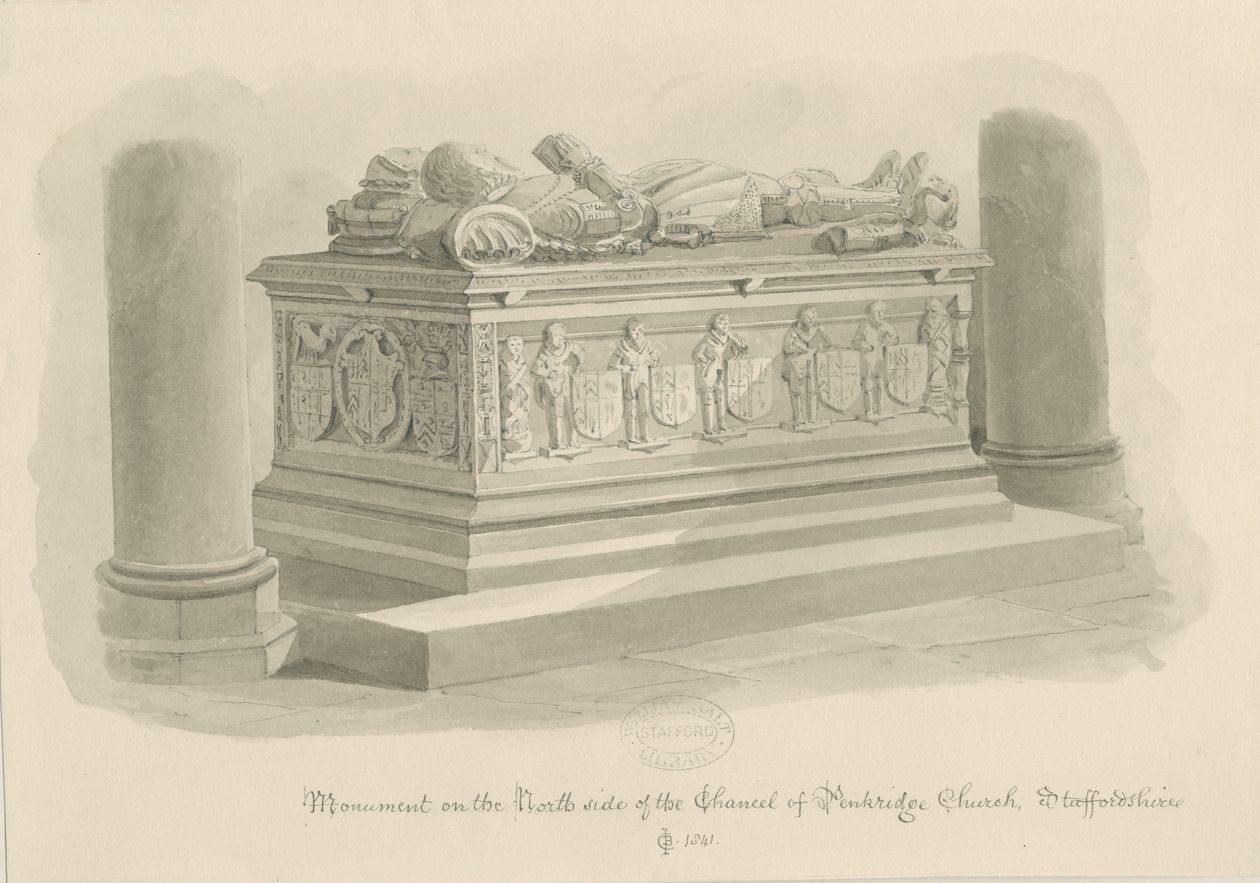 Igreja Penkridge - Túmulo de [Sir Edward Littleton]: desenho sépia de John Chessell Buckler