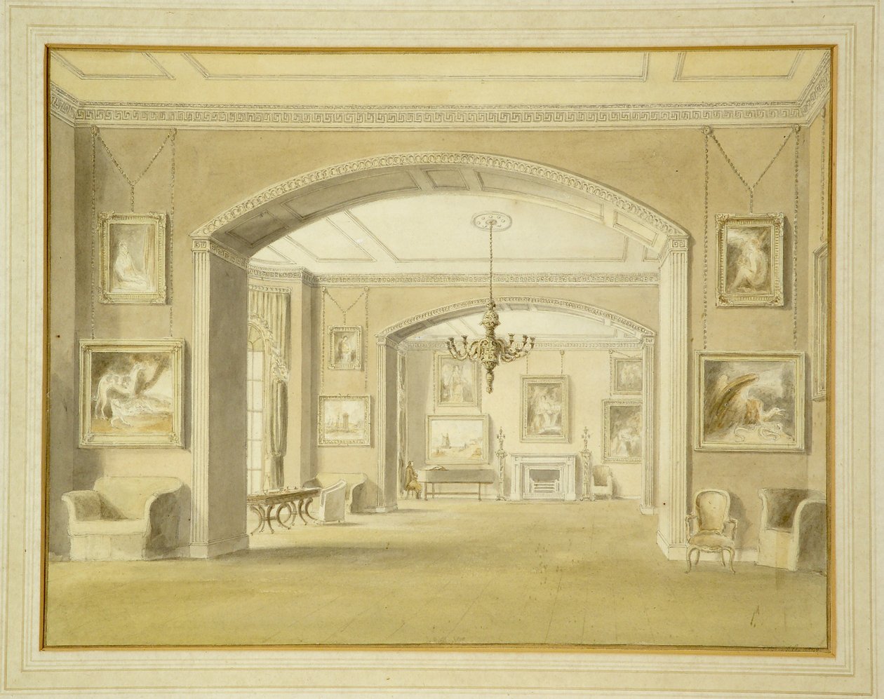 Galeria de fotos em Tabley House, 1809 (wc sobre lápis sobre papel) de John Chessell Buckler