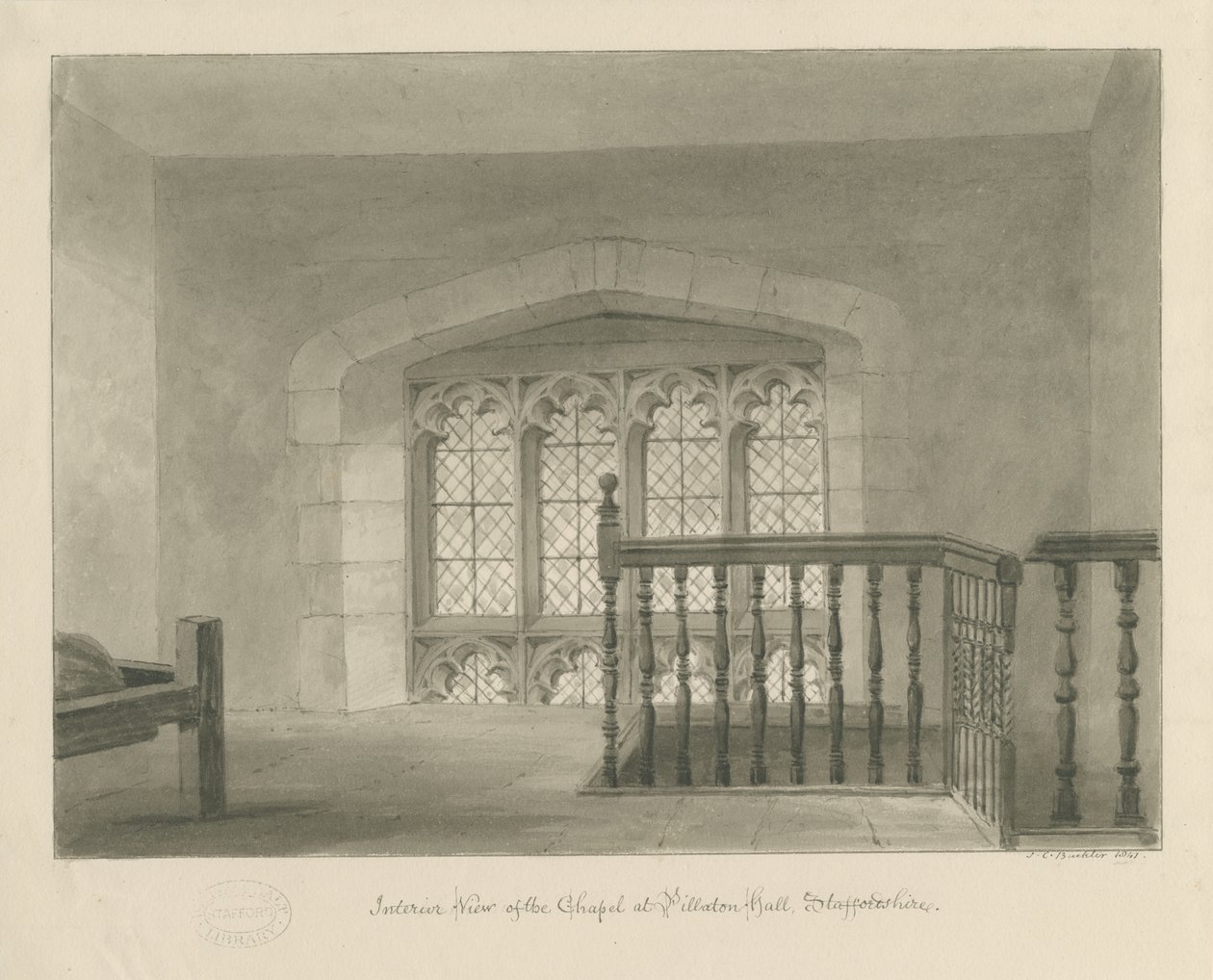 Pillaton Hall - Interior da capela: desenho em sépia, 1841 de John Chessell Buckler