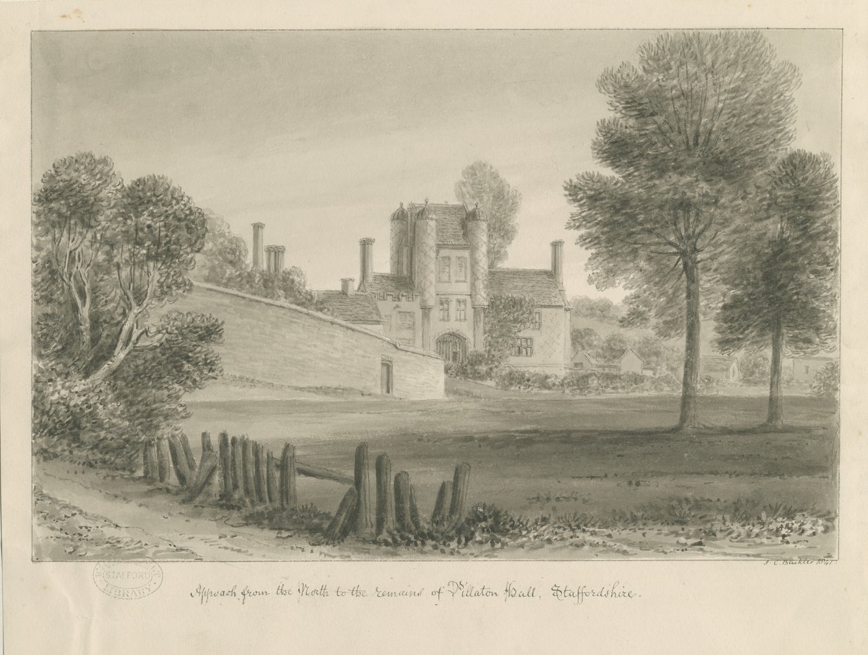 Pillaton Hall: desenho sépia de John Chessell Buckler