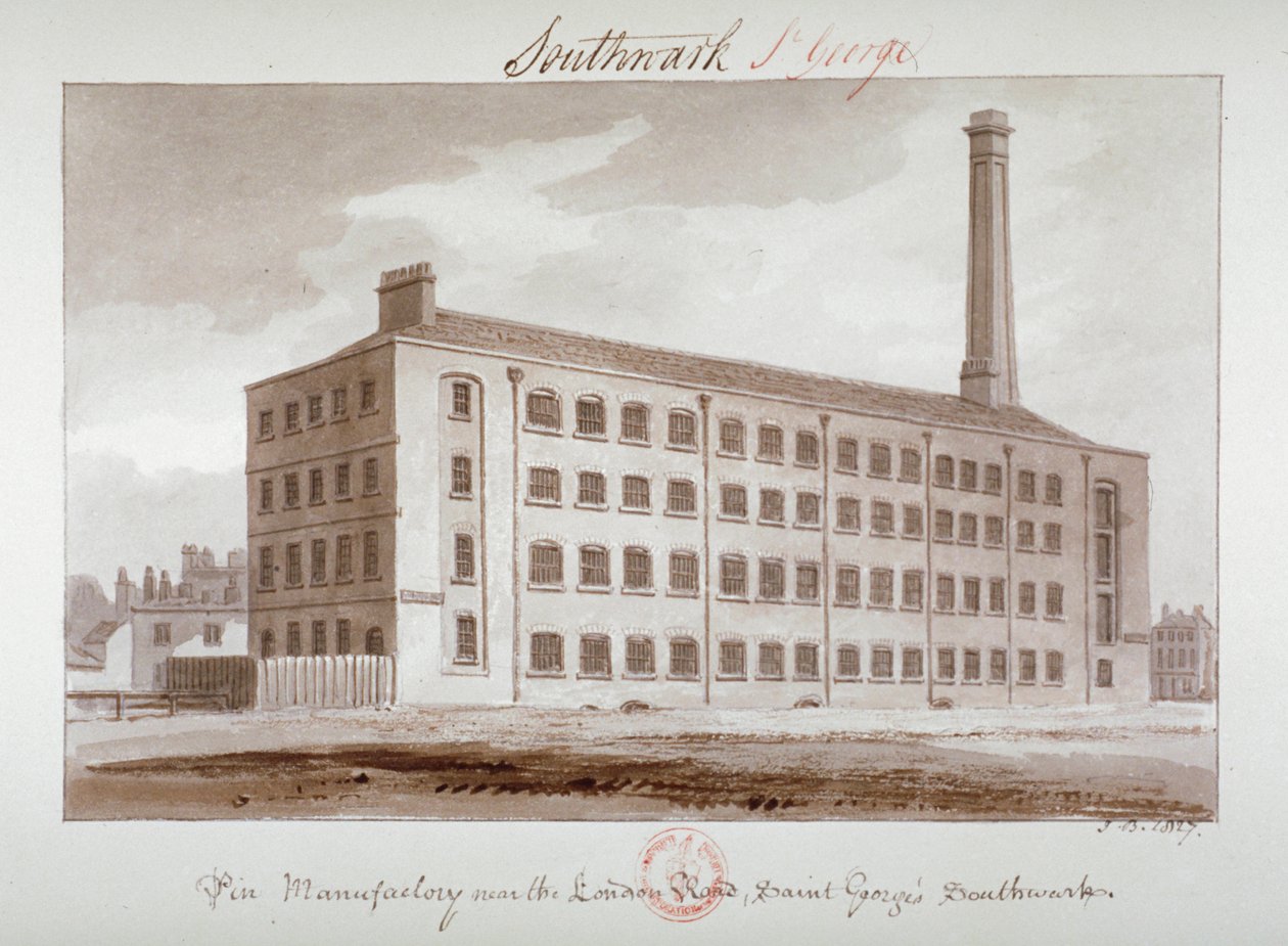 Fabricação de pinos perto da London Road, Southwark, Londres, 1827 de John Chessell Buckler