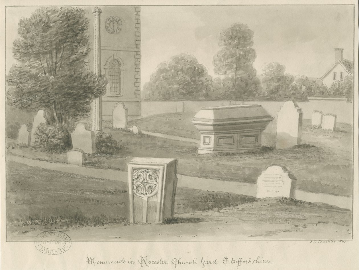 Igreja do Rocester - Monumentos e Jarda da Igreja: desenho sépia de John Chessell Buckler